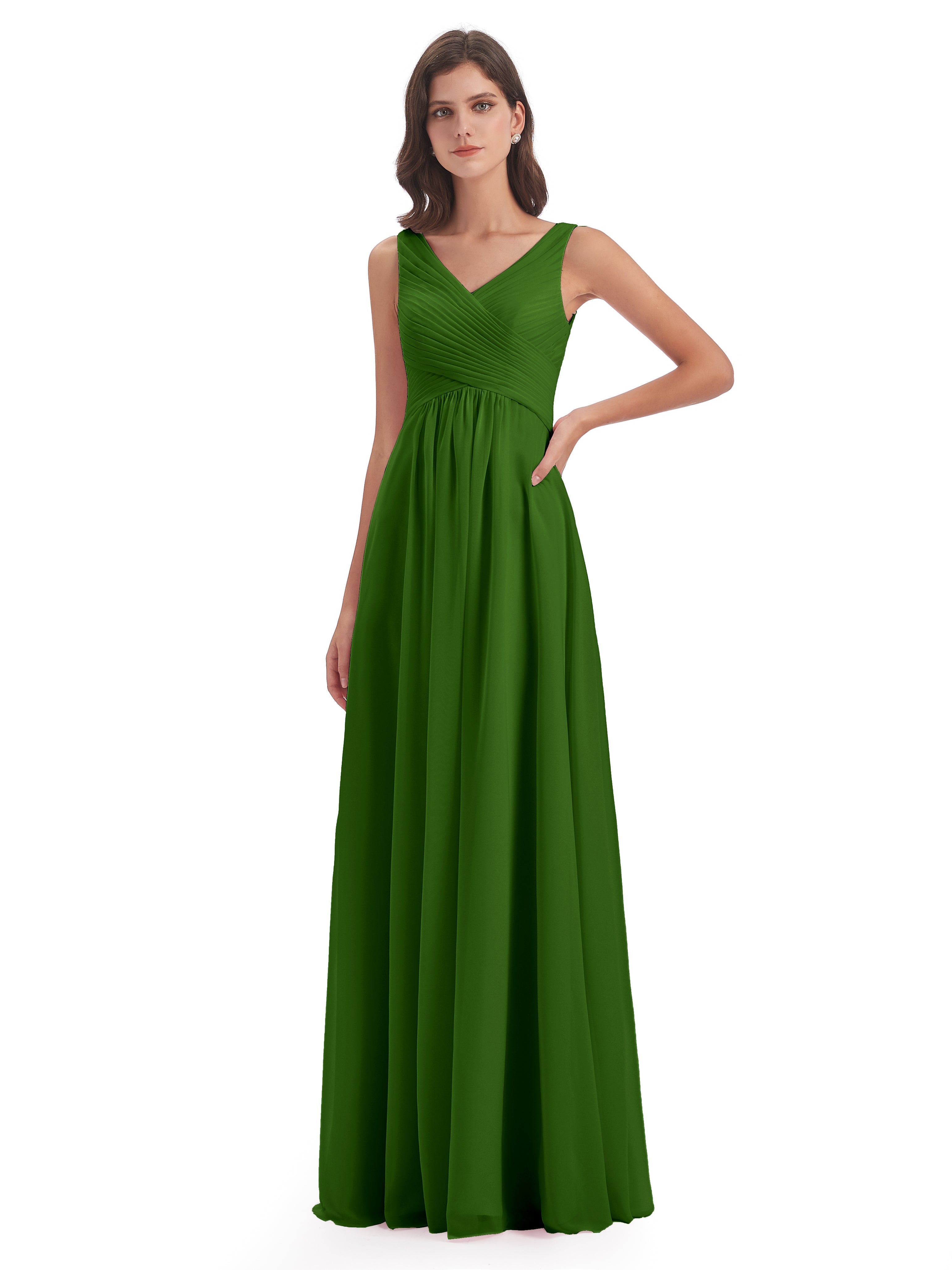 Robes De Demoiselle D'Honneur Vert Mousse Col V Bretelle Mousseline Robes Demoiselle D'Honneur