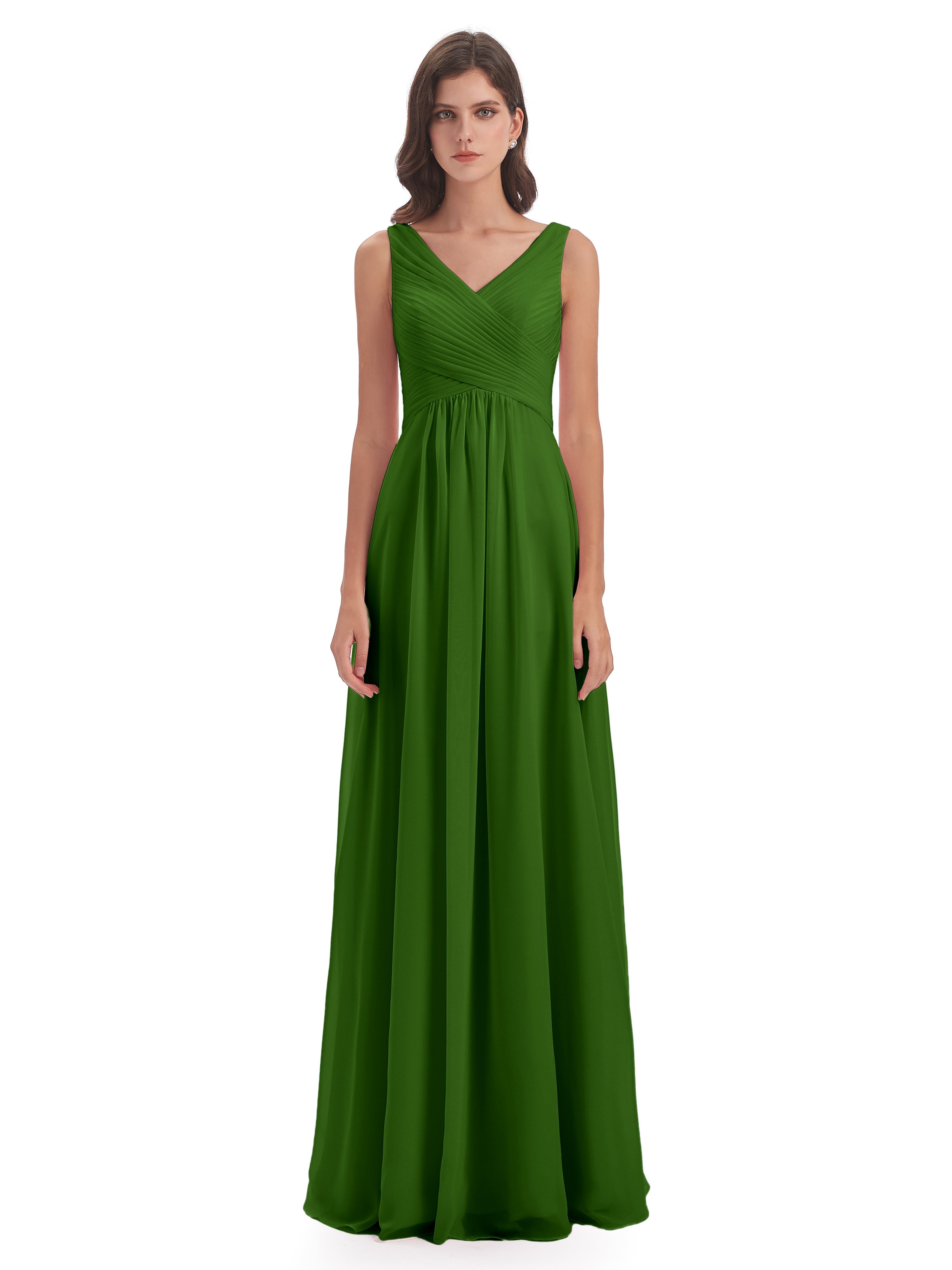 Robes De Demoiselle D'Honneur Vert Mousse Col V Bretelle Mousseline Robes Demoiselle D'Honneur