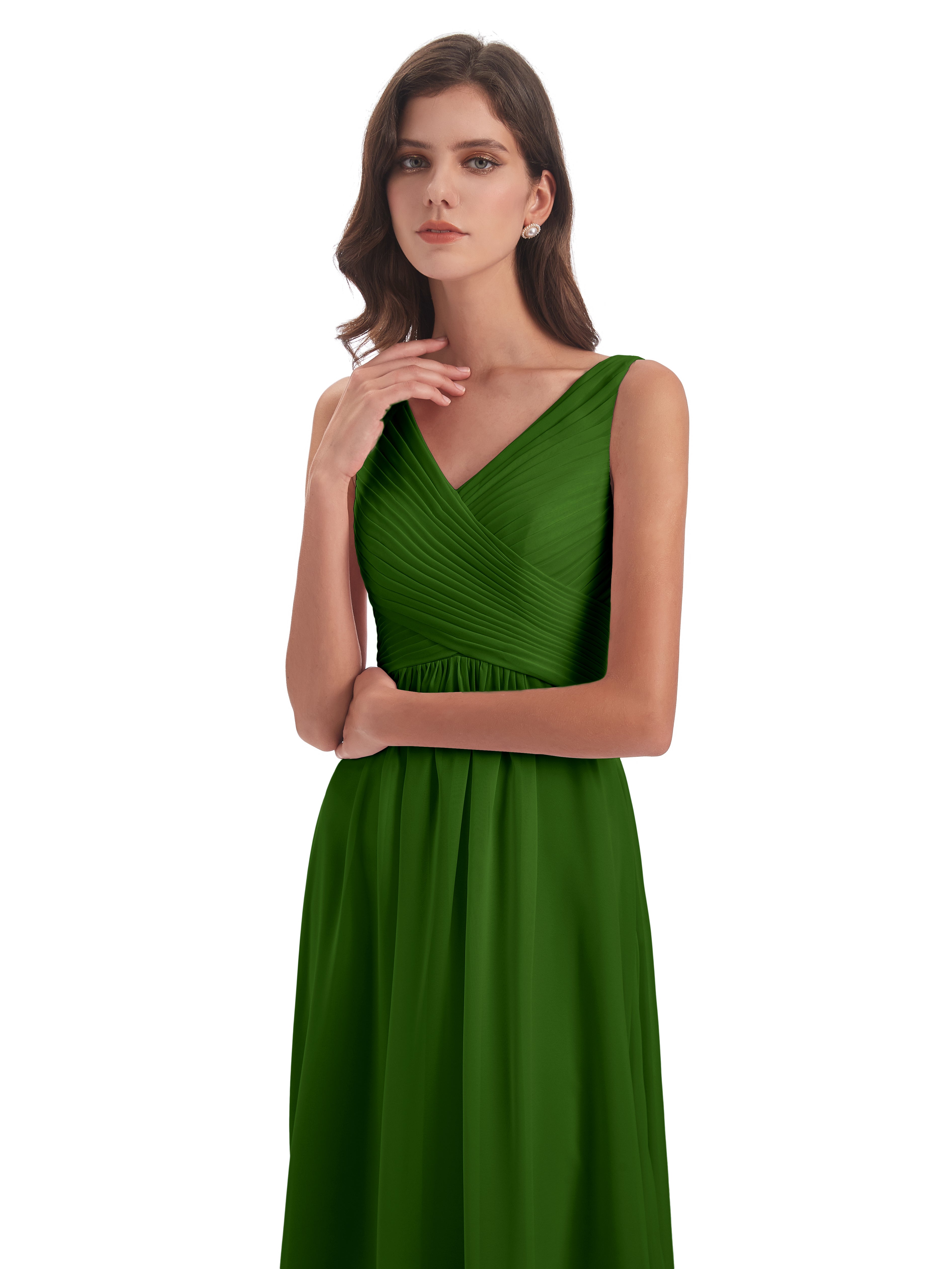 Robes De Demoiselle D'Honneur Vert Mousse Col V Bretelle Mousseline Robes Demoiselle D'Honneur