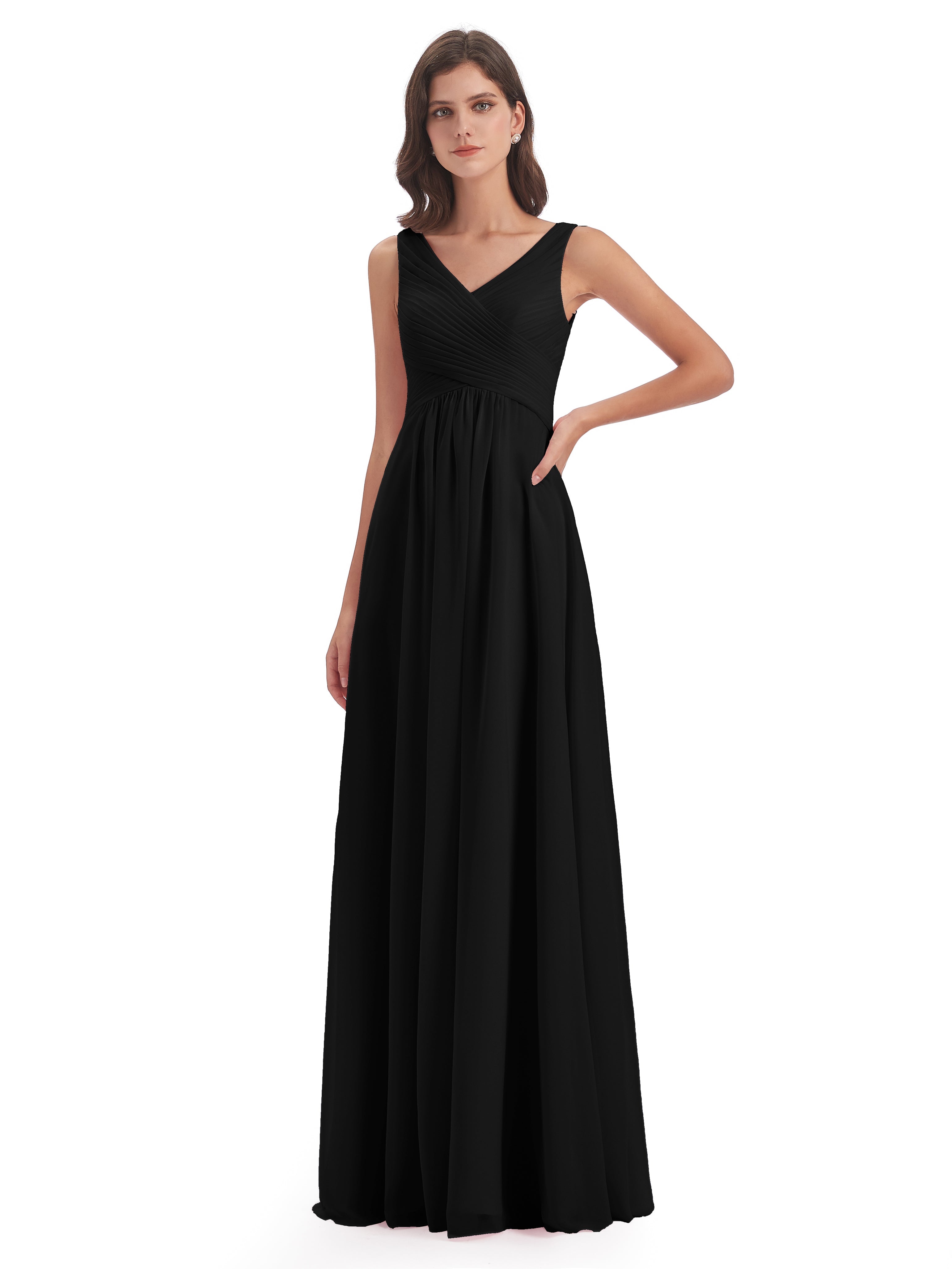 Demoiselle D Honneur En Noir Col V Bretelle Mousseline Robes Demoiselle D'Honneur