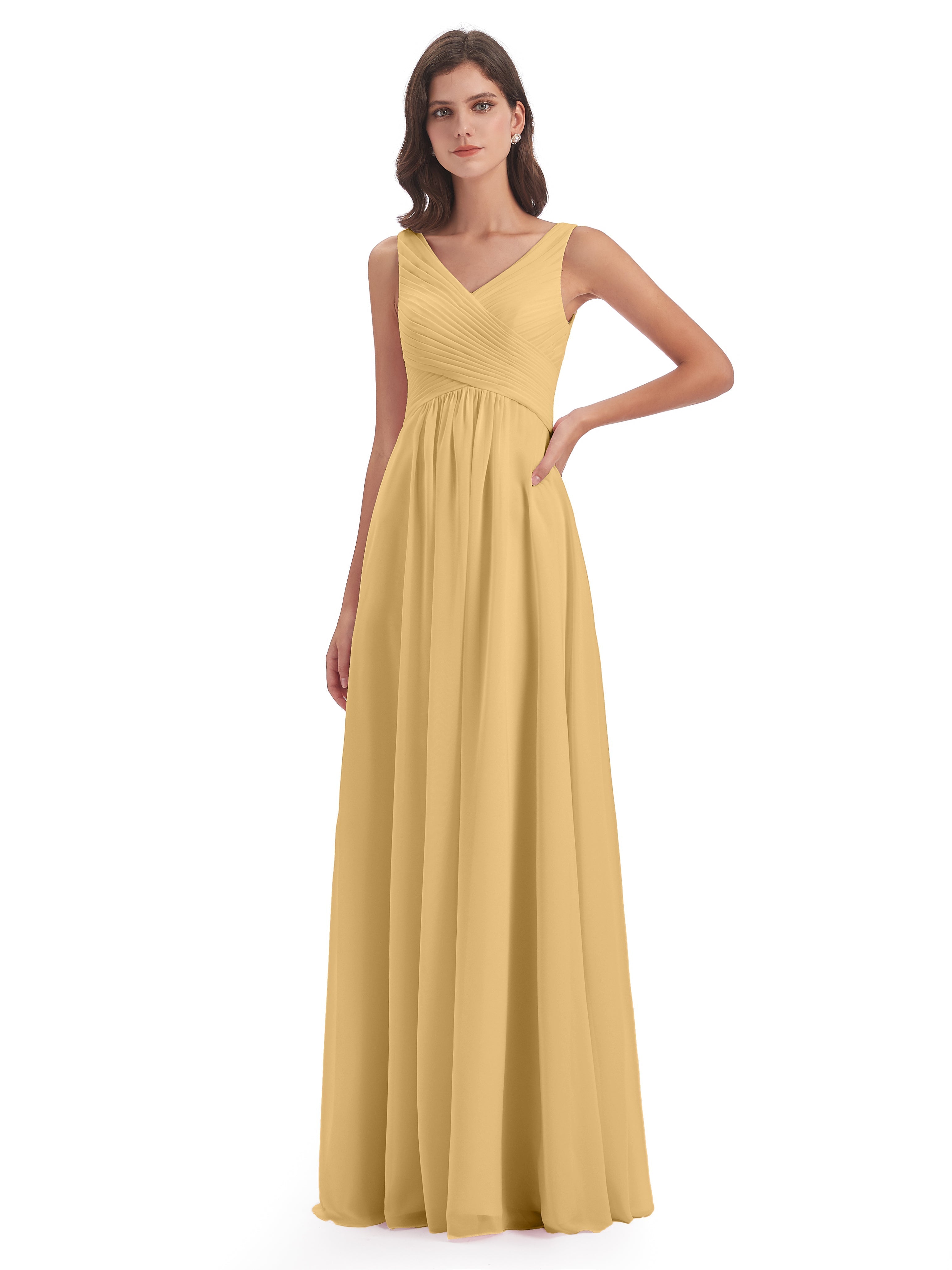 Robe Or Demoiselle D Honneur Col V Bretelle Mousseline Robes Demoiselle D'Honneur
