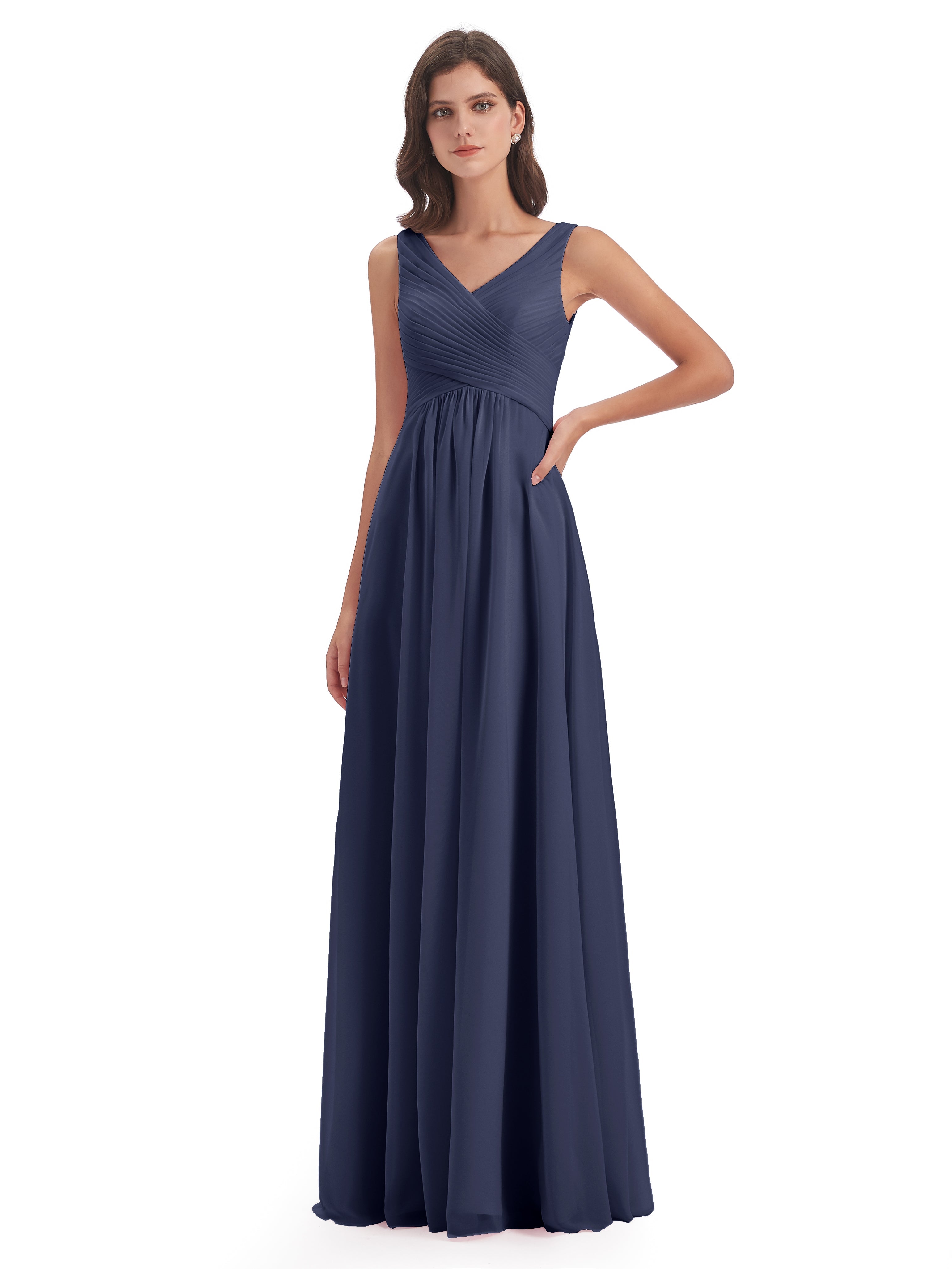 Robes De Demoiselle D'Honneur Bleu Orageux Col V Bretelle Mousseline Robes Demoiselle D'Honneur