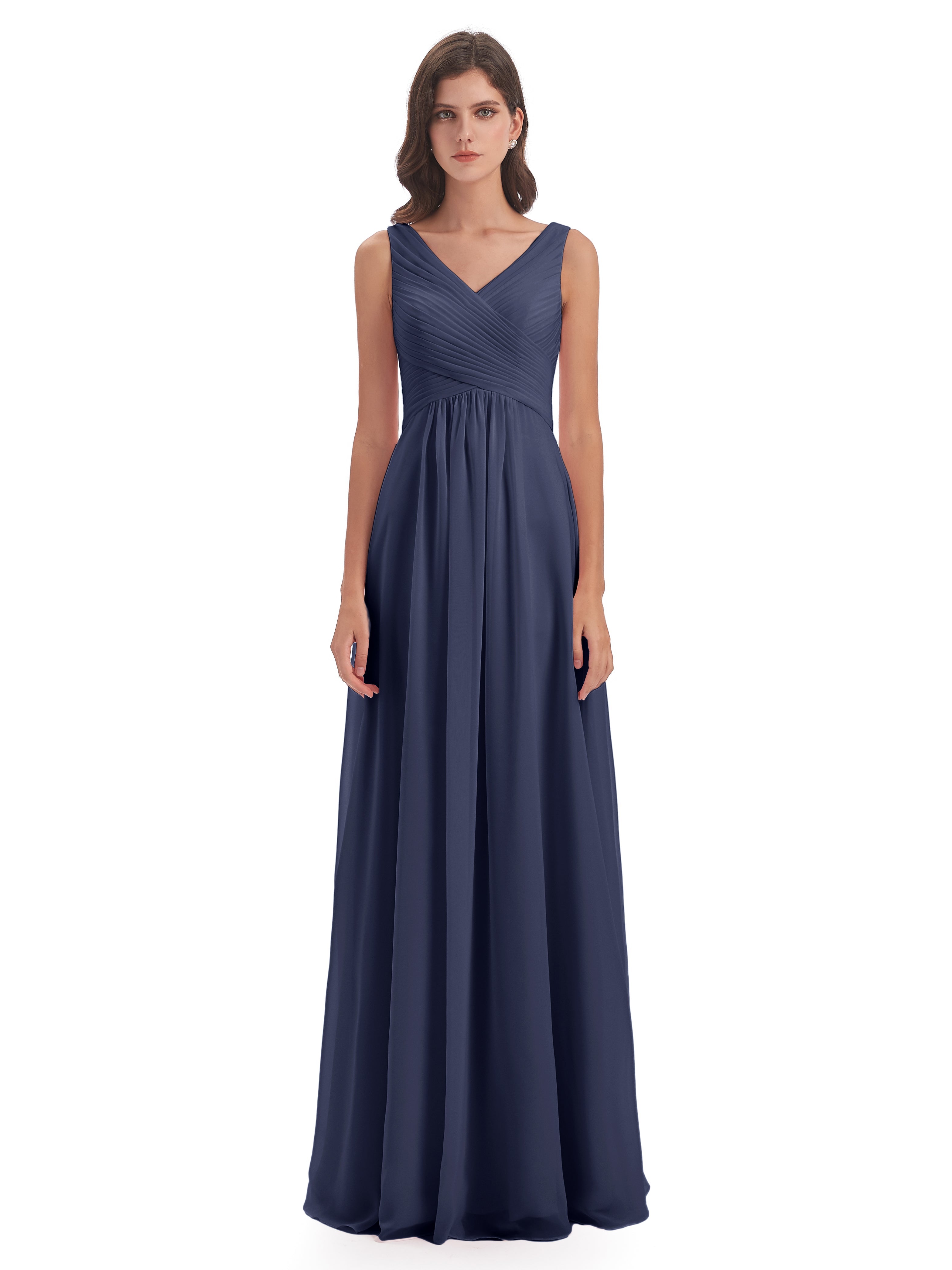 Robes De Demoiselle D'Honneur Bleu Orageux Col V Bretelle Mousseline Robes Demoiselle D'Honneur