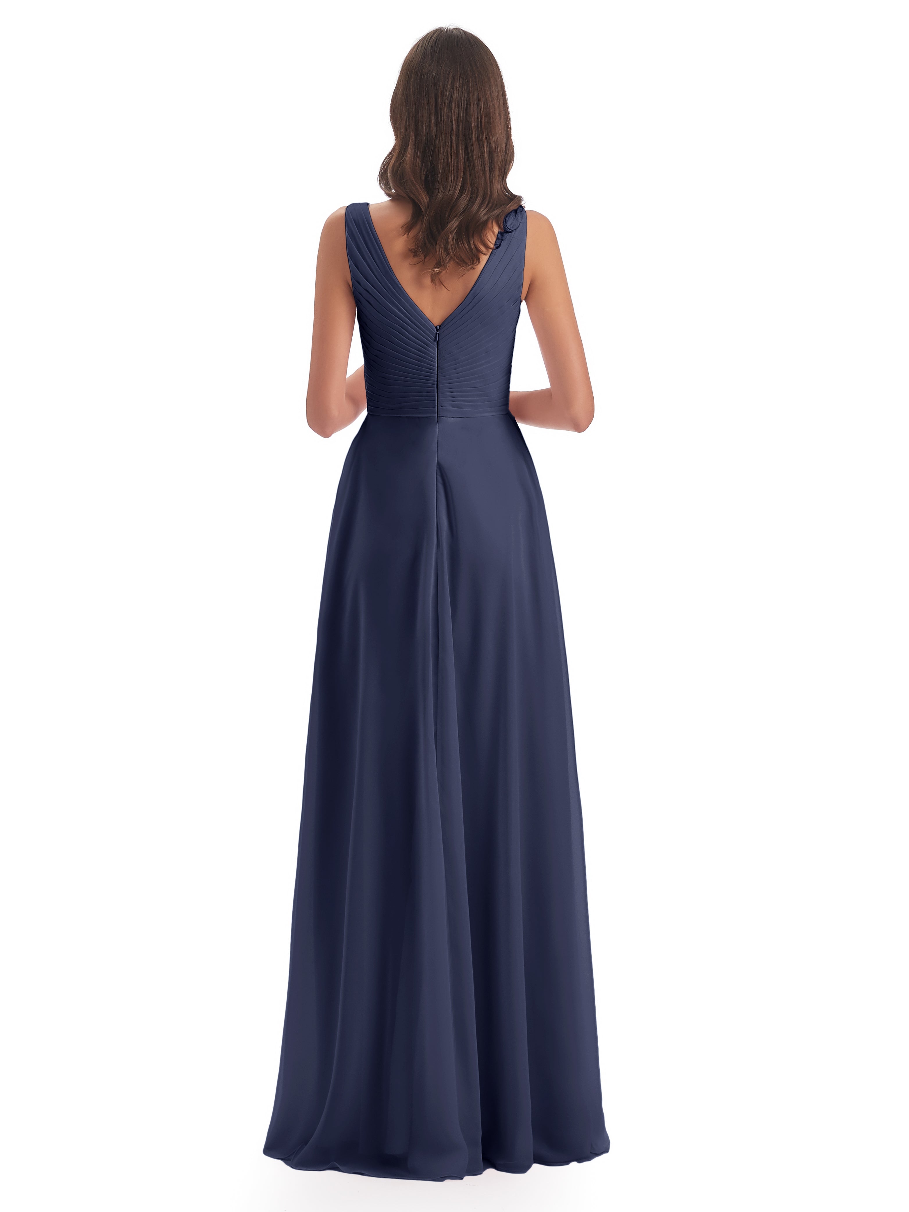 Robes De Demoiselle D'Honneur Bleu Orageux Col V Bretelle Mousseline Robes Demoiselle D'Honneur
