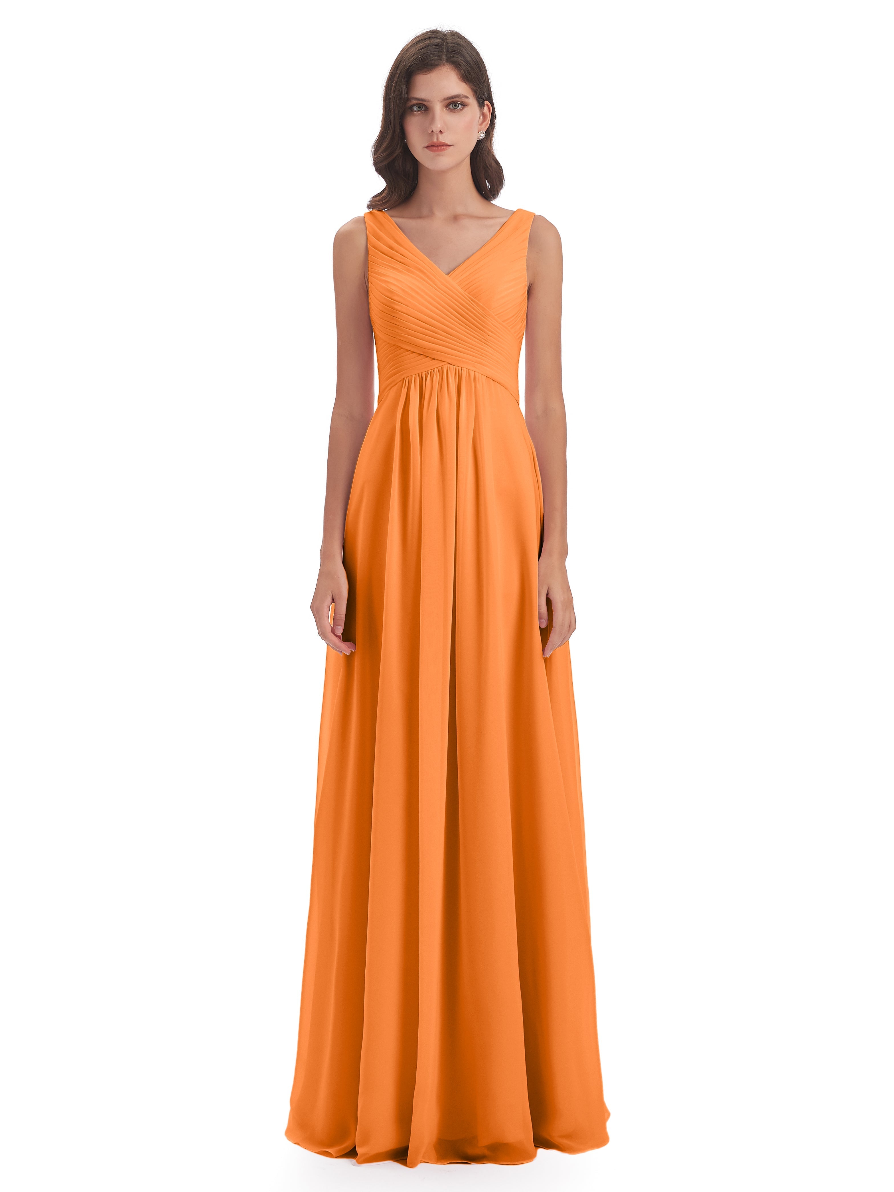 Robe De Demoiselle D Honneur Orange Col V Bretelle Mousseline Robes Demoiselle D'Honneur