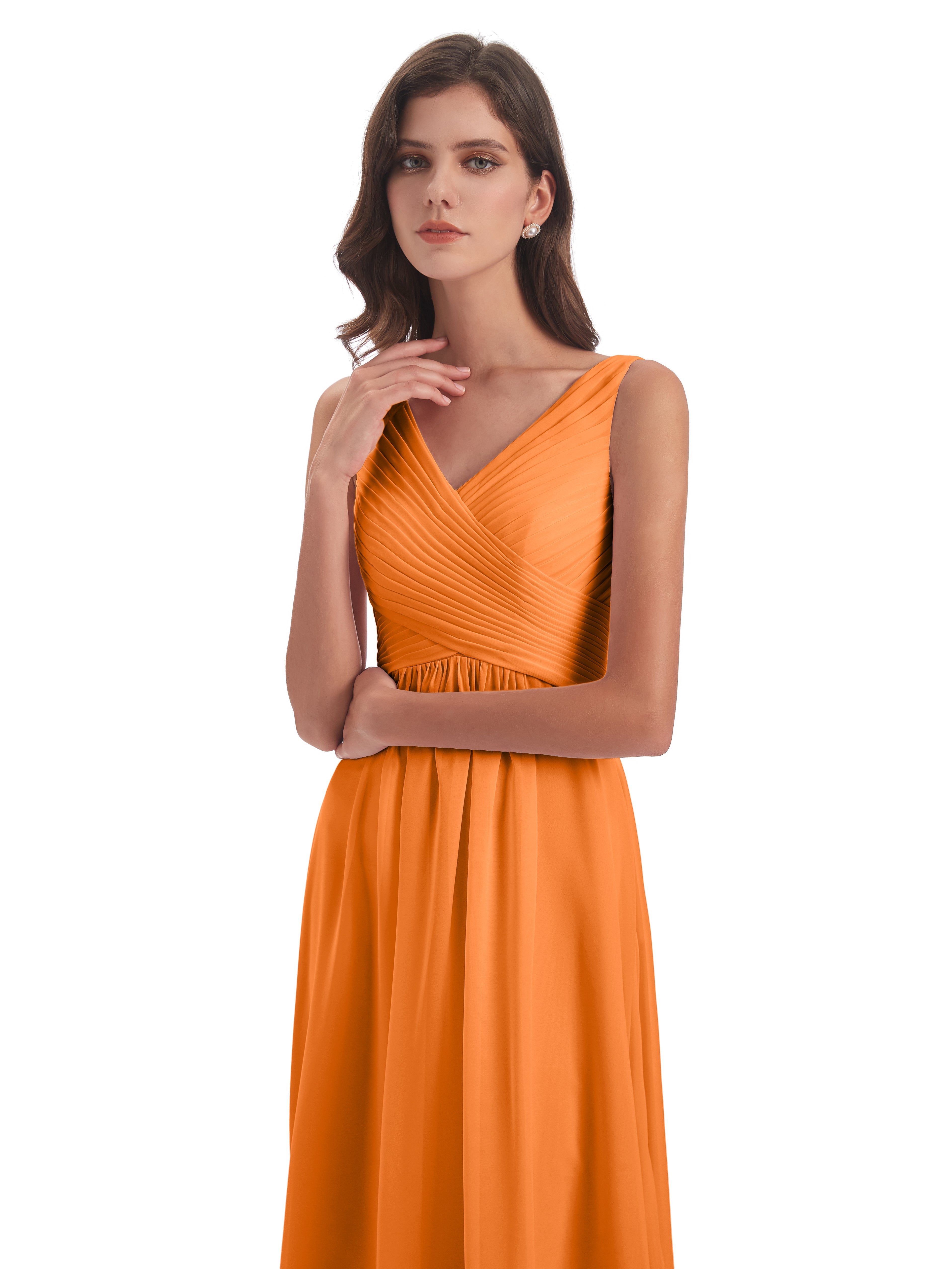 Robe De Demoiselle D Honneur Orange Col V Bretelle Mousseline Robes Demoiselle D'Honneur