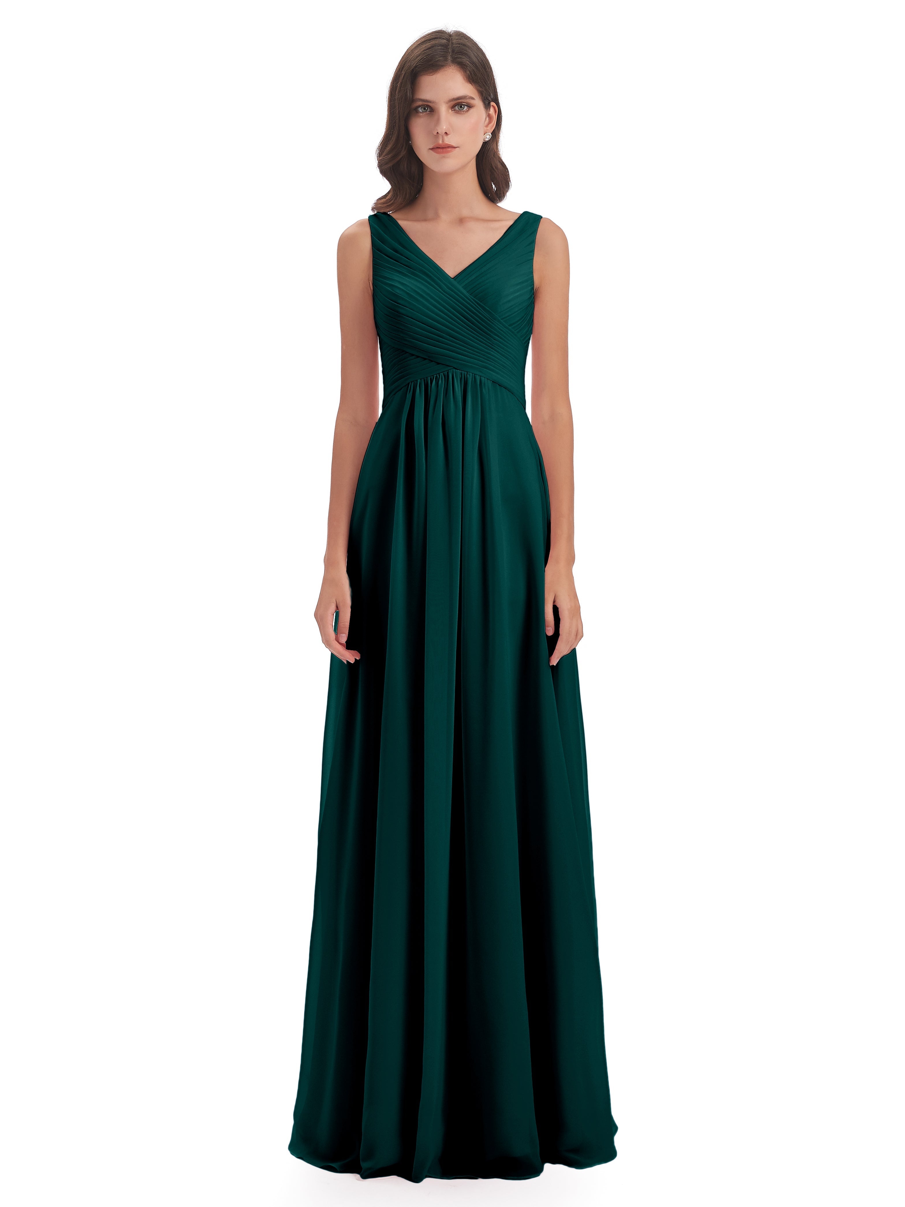 Robes De Demoiselle D'Honneur Bleu Paon Col V Bretelle Mousseline Robes Demoiselle D'Honneur