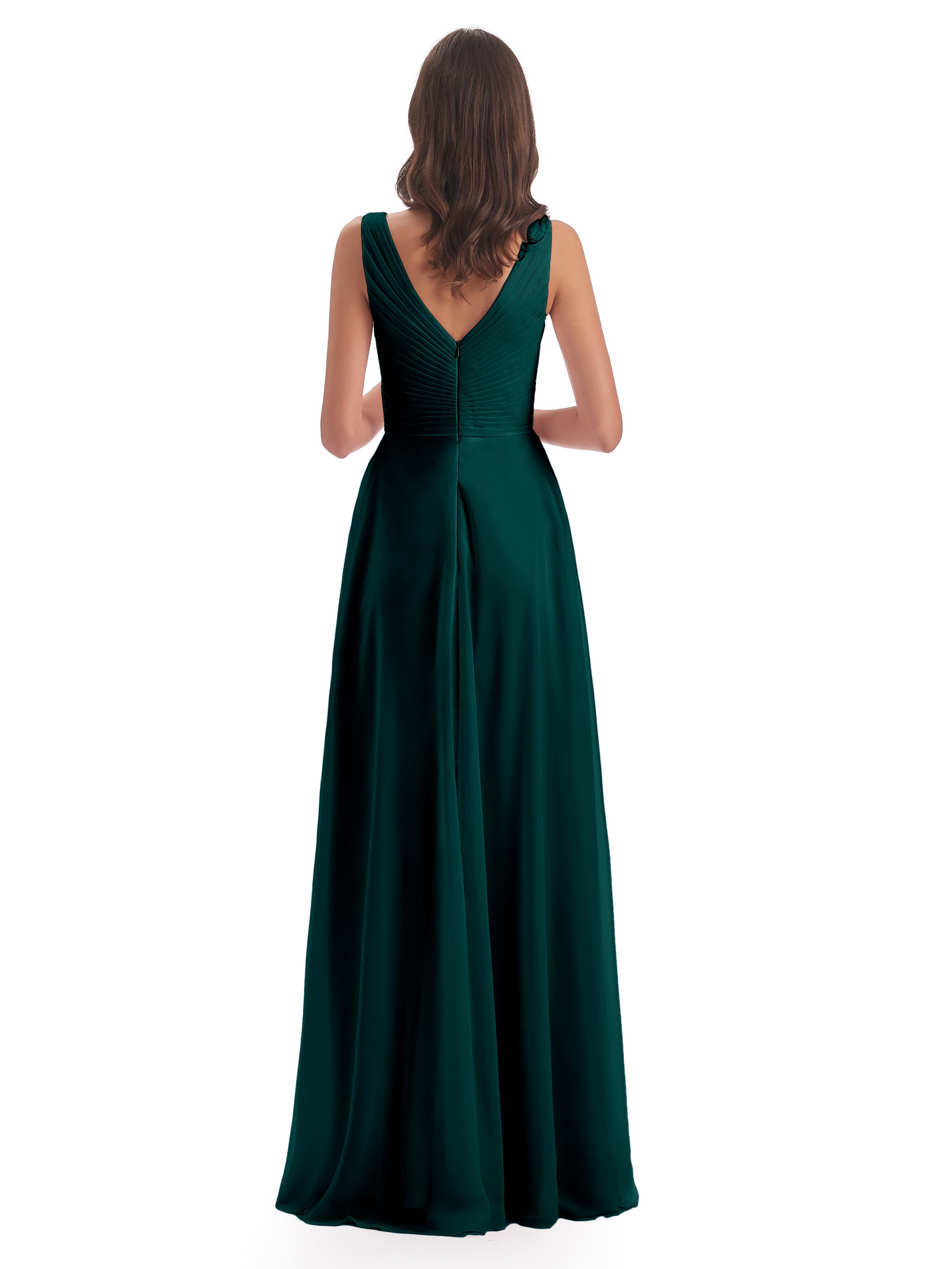 Robes De Demoiselle D'Honneur Bleu Paon Col V Bretelle Mousseline Robes Demoiselle D'Honneur