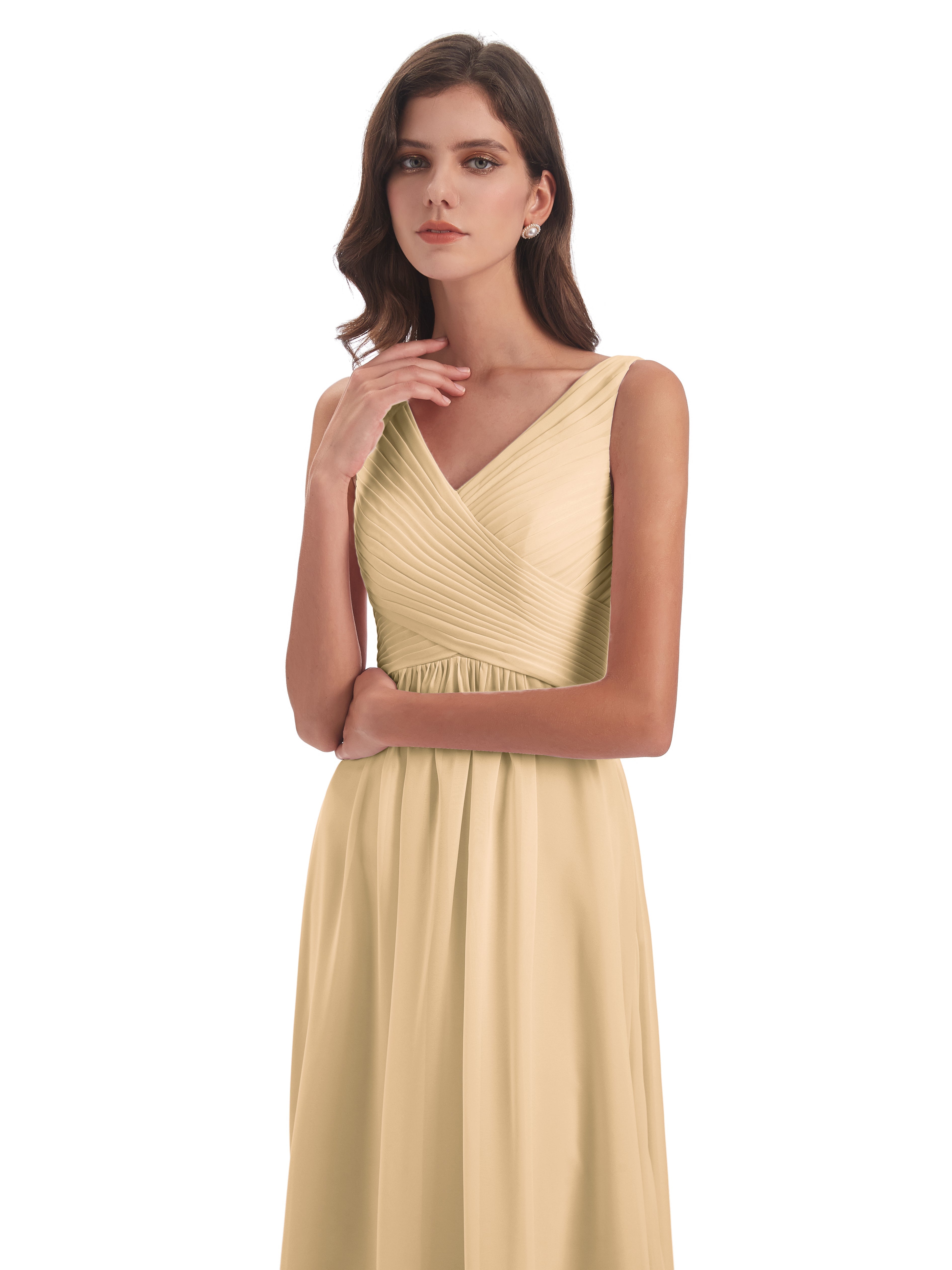 Robes De Demoiselle D'Honneur Rose Pêche Col V Bretelle Mousseline Robes Demoiselle D'Honneur