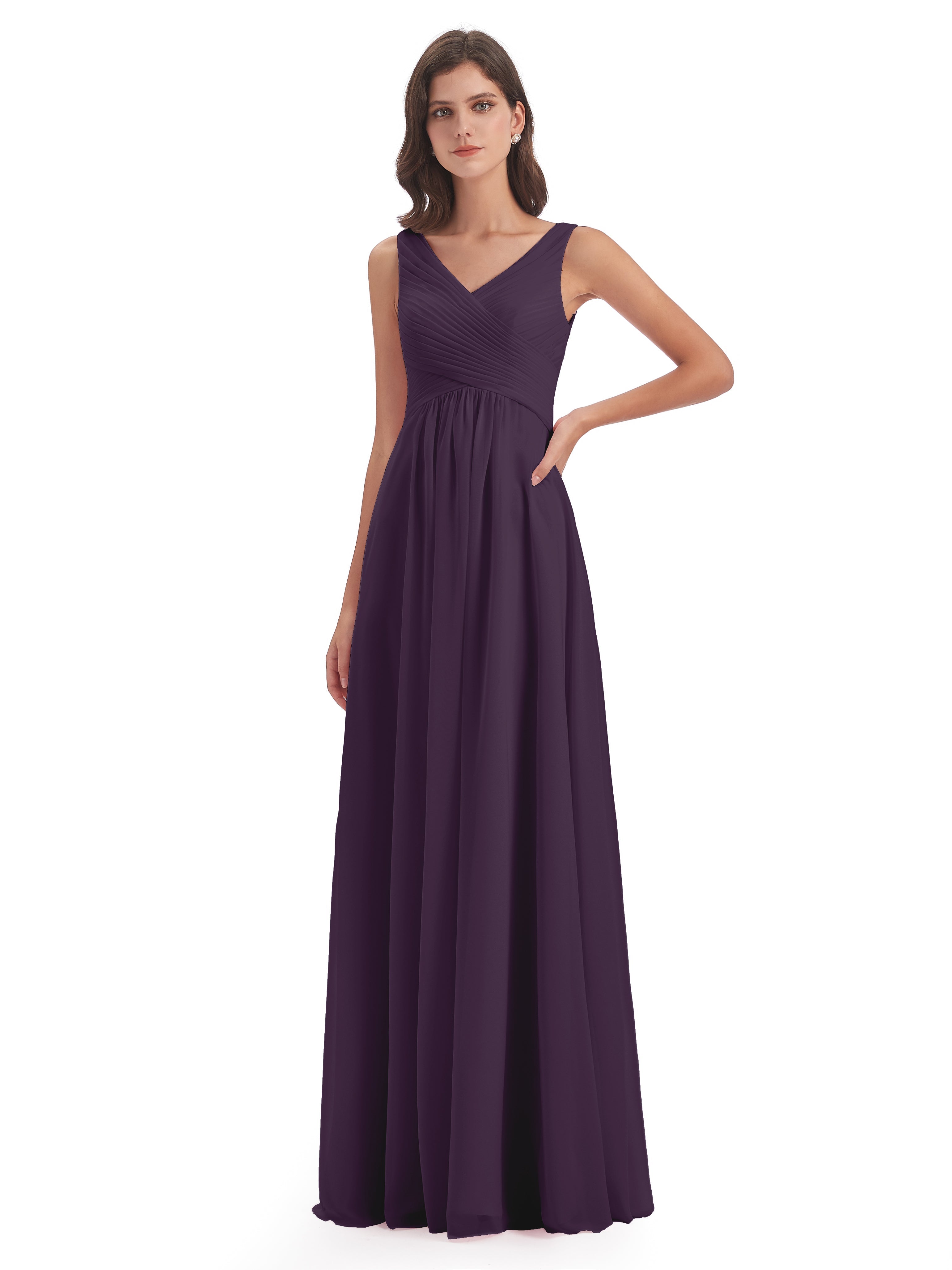 Robe De Demoiselle D'Honneur En Plum Col V Bretelle Mousseline Robes Demoiselle D'Honneur
