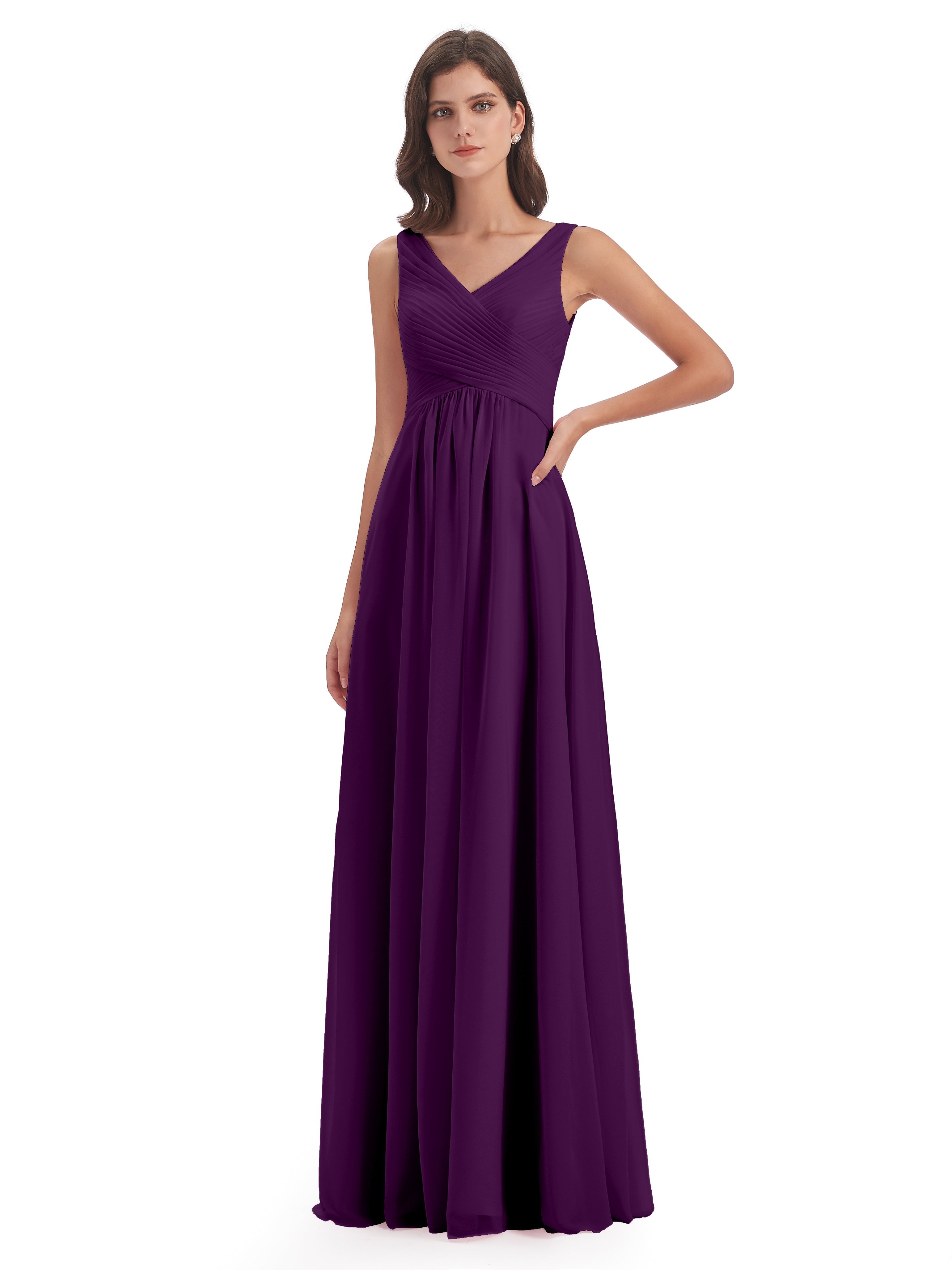Robes De Demoiselle D'Honneur En Raisin Col V Bretelle Mousseline Robes Demoiselle D'Honneur