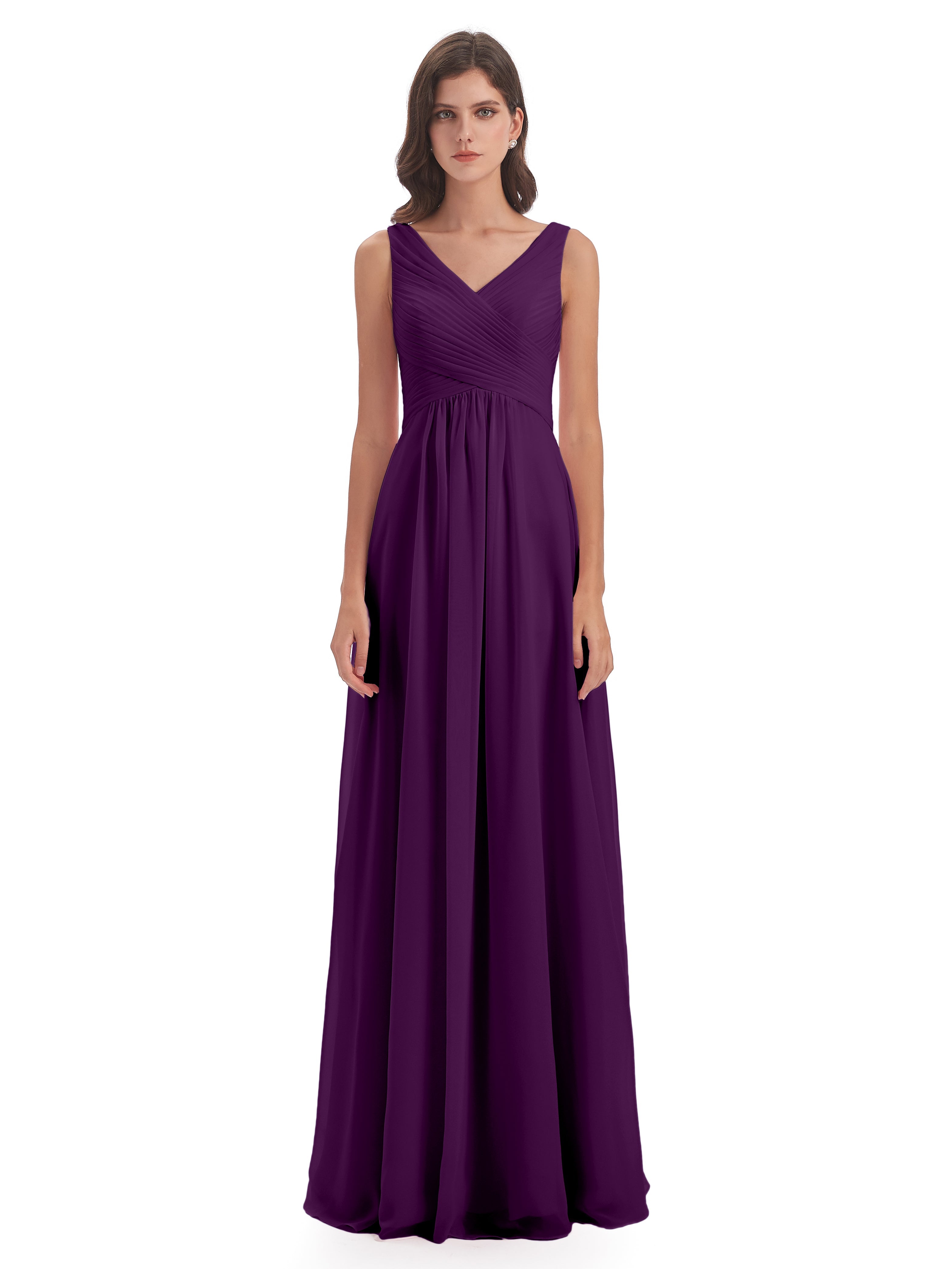 Robes De Demoiselle D'Honneur En Raisin Col V Bretelle Mousseline Robes Demoiselle D'Honneur