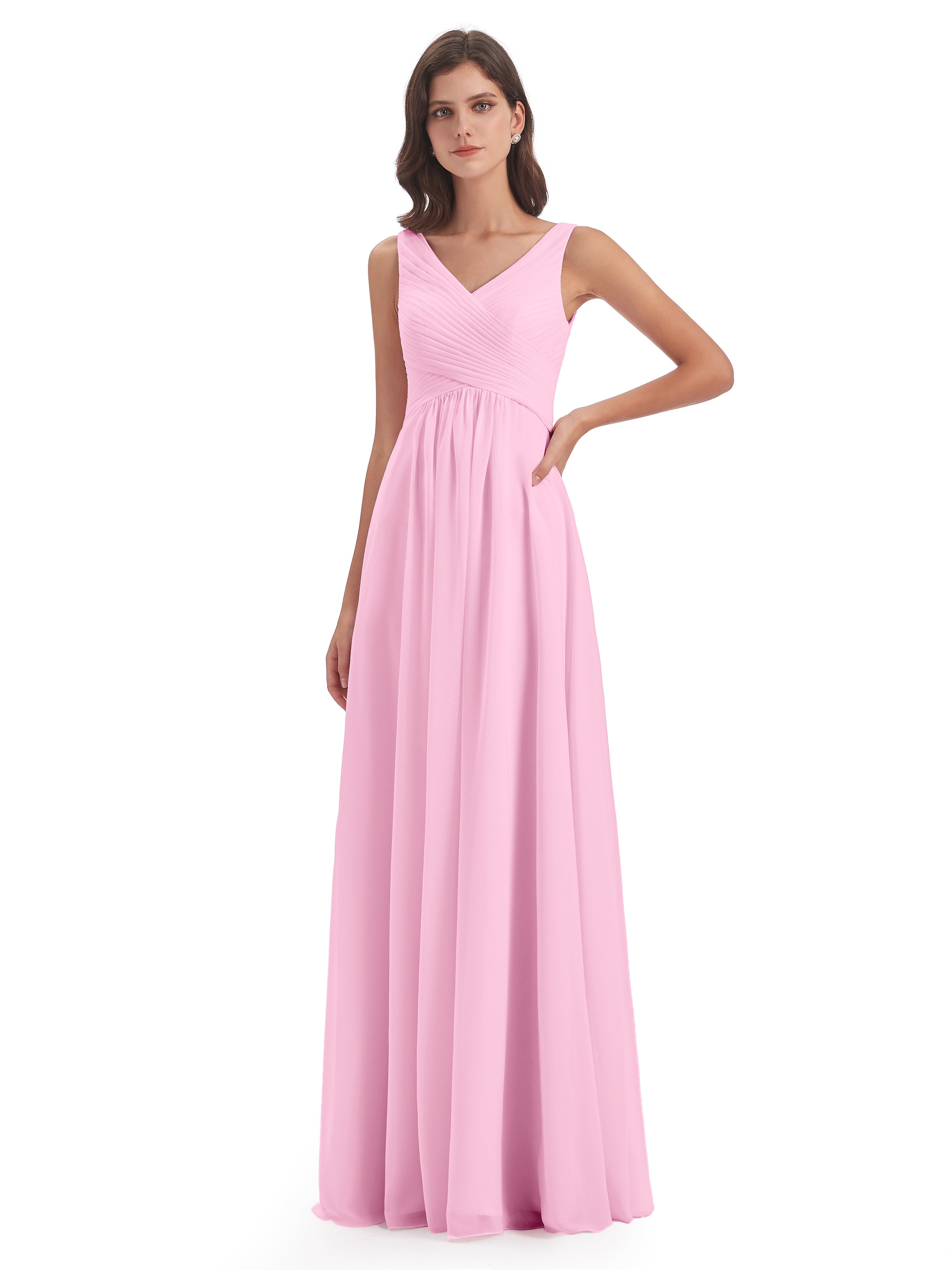 Robes De Demoiselle D'Honneur Rose Bonbon Col V Bretelle Mousseline Robes Demoiselle D'Honneur
