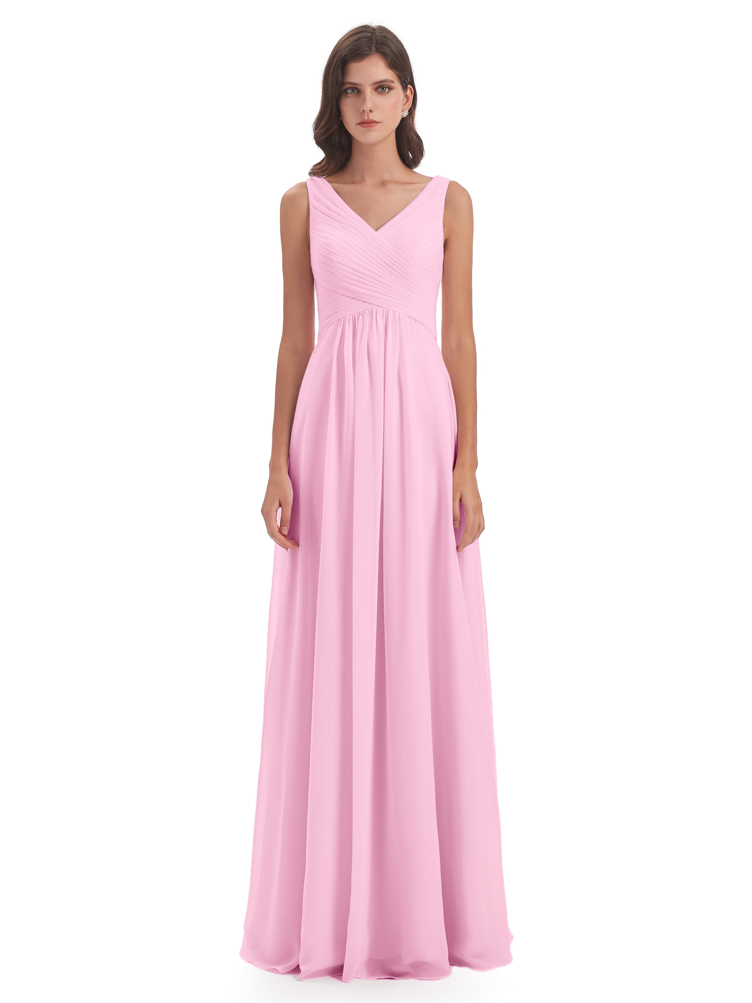 Robes De Demoiselle D'Honneur Rose Bonbon Col V Bretelle Mousseline Robes Demoiselle D'Honneur