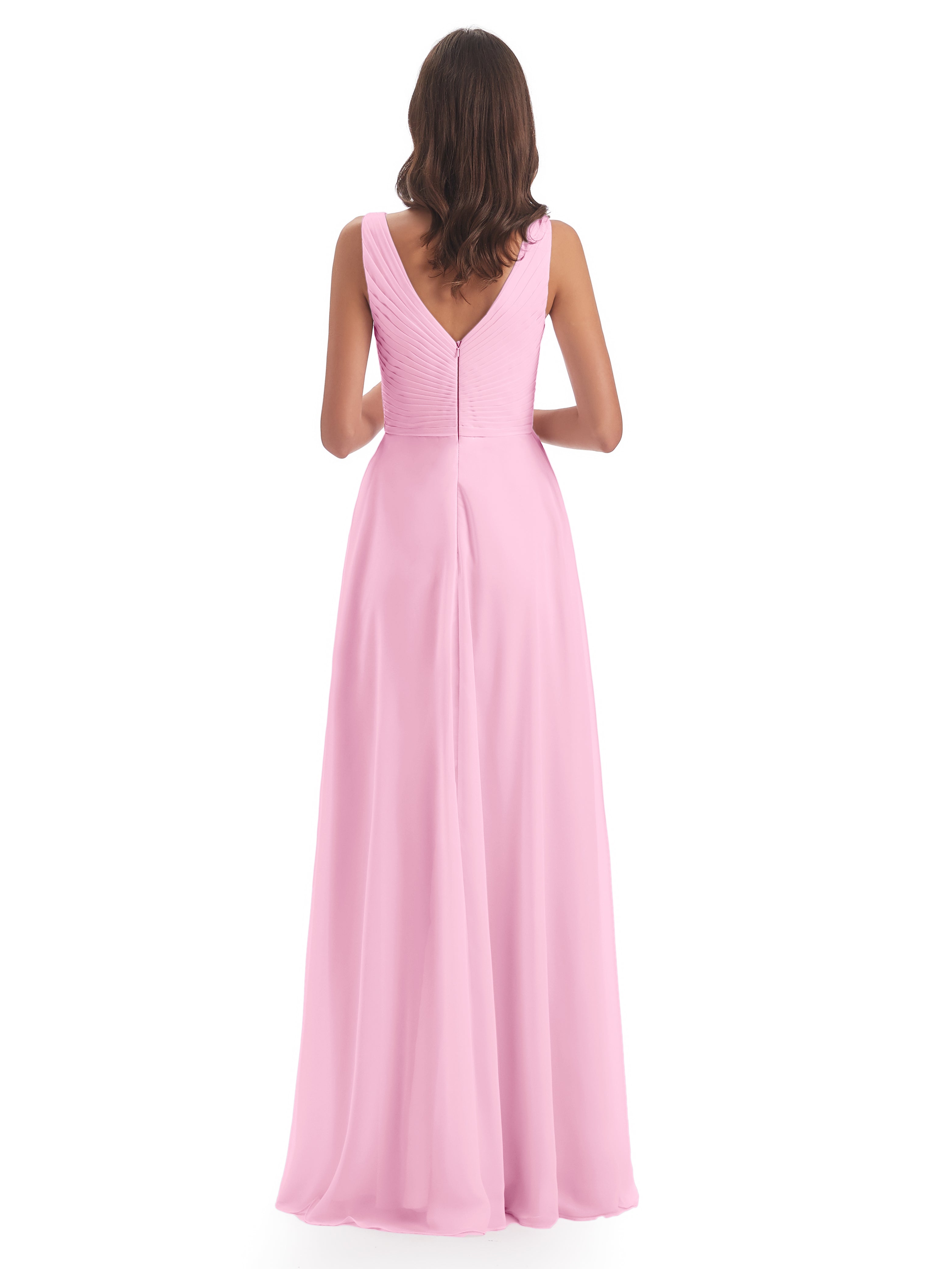 Robes De Demoiselle D'Honneur Rose Bonbon Col V Bretelle Mousseline Robes Demoiselle D'Honneur