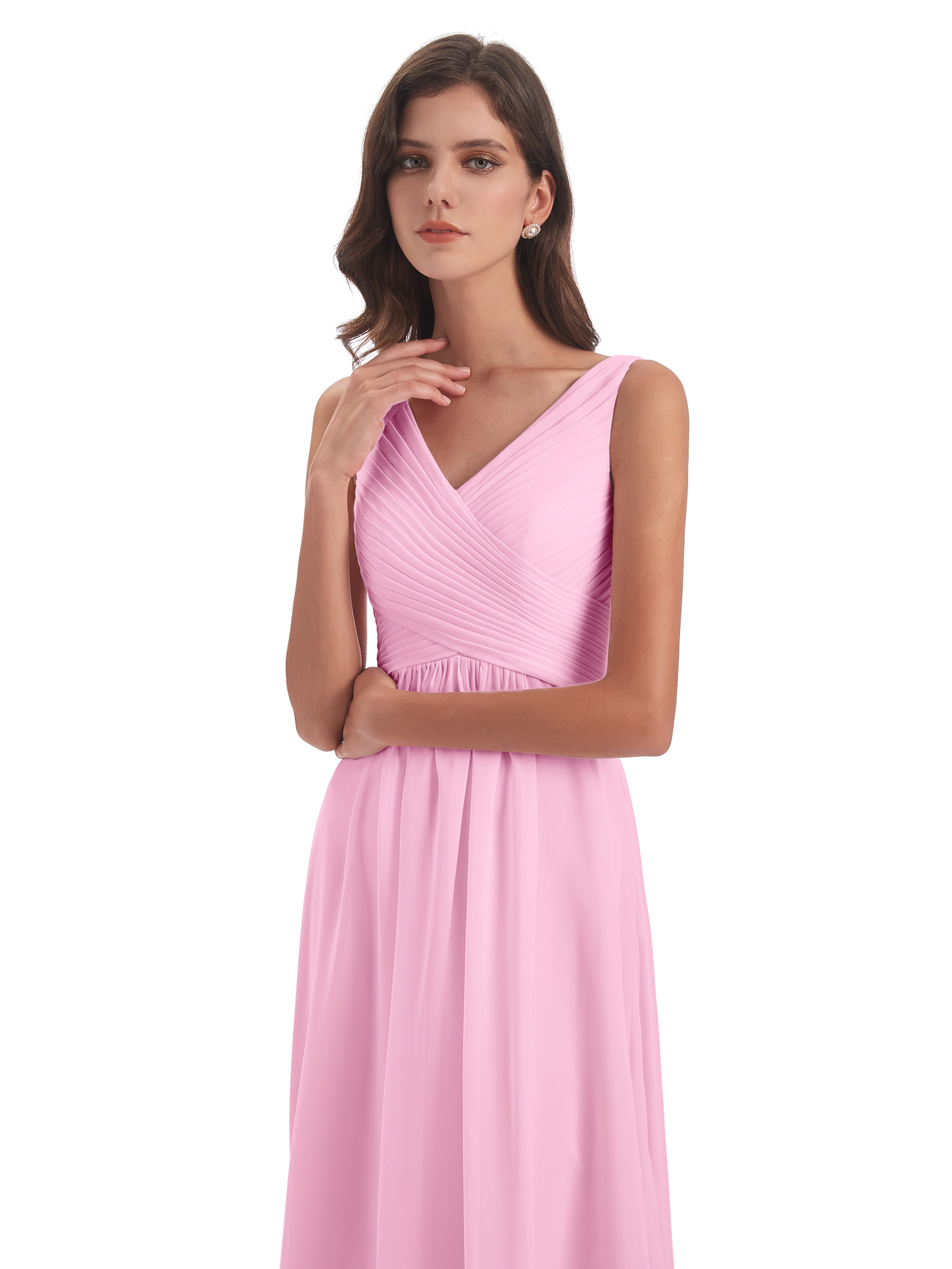 Robes De Demoiselle D'Honneur Rose Bonbon Col V Bretelle Mousseline Robes Demoiselle D'Honneur
