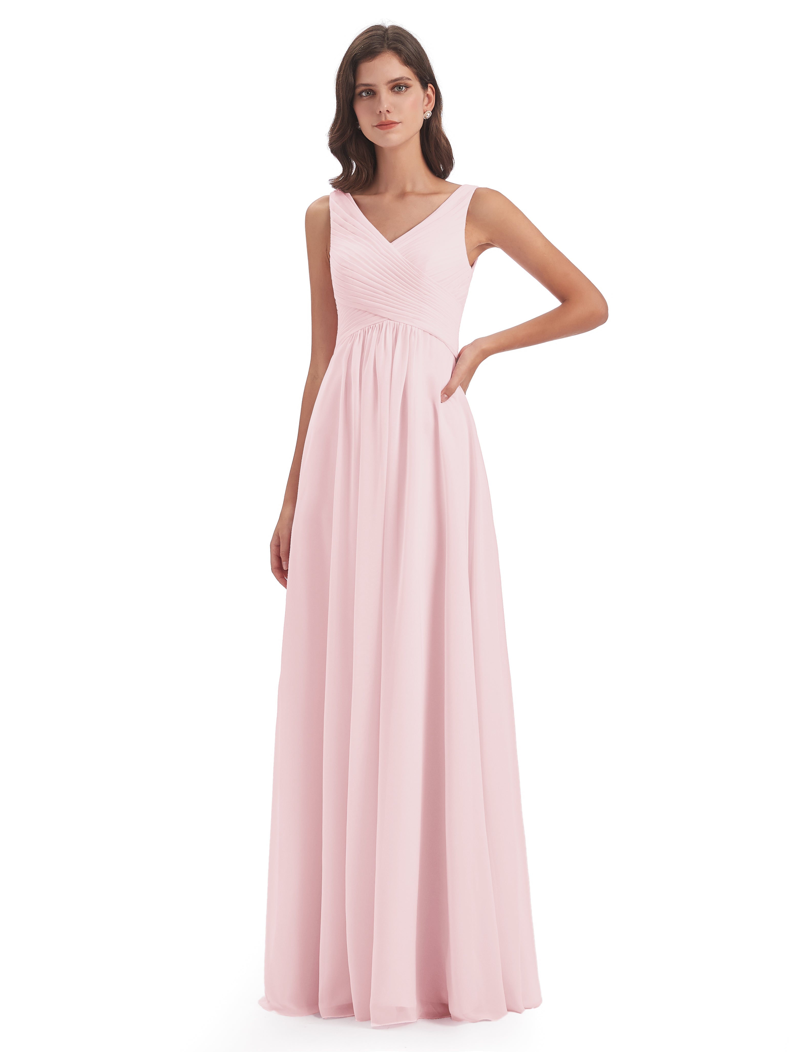 Robe Demoiselle Honneur Rose Pale Col V Bretelle Mousseline Robes Demoiselle D'Honneur