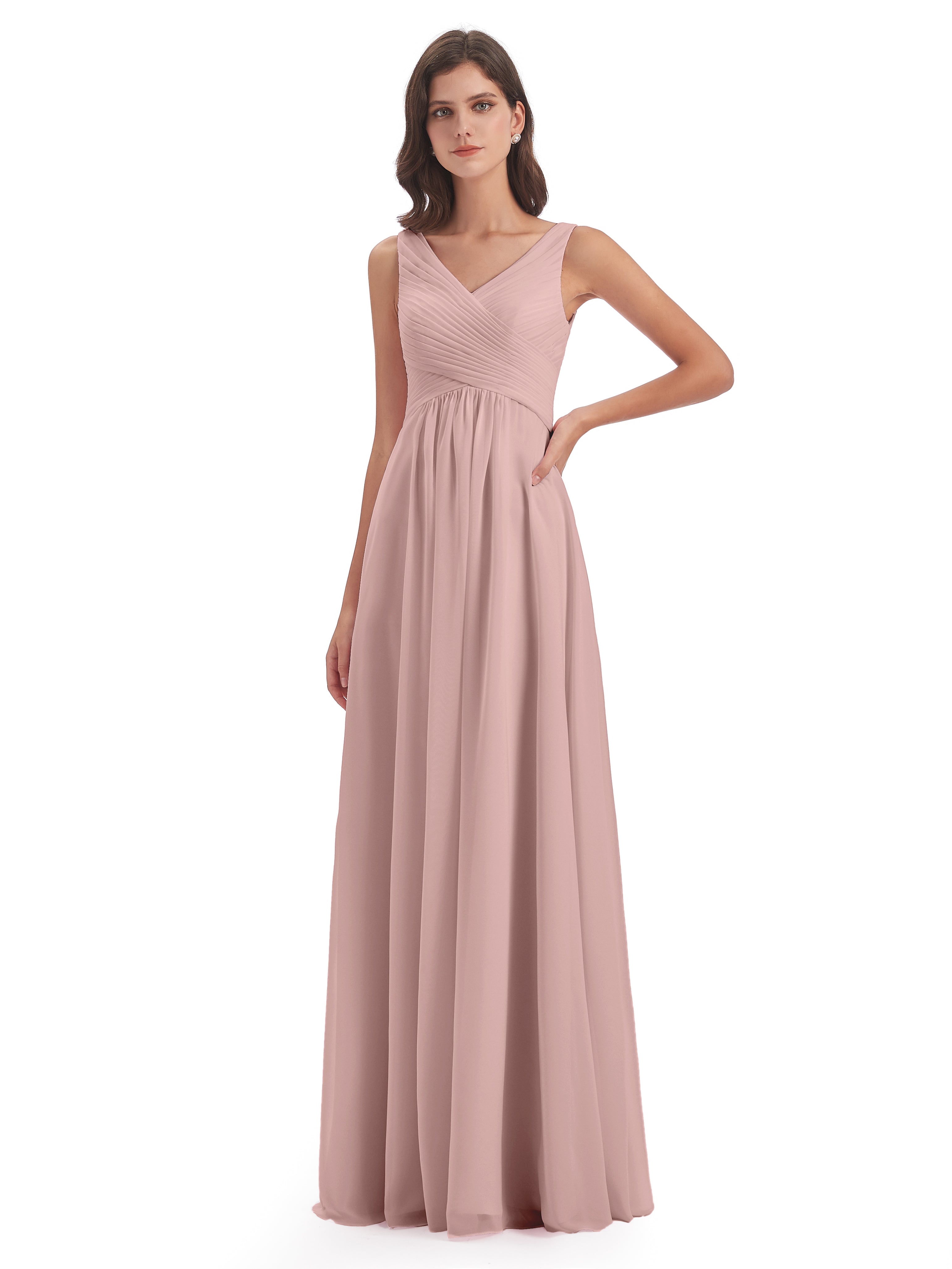 Robe Demoiselle D Honneur Rose Poudree Col V Bretelle Mousseline Robes Demoiselle D'Honneur
