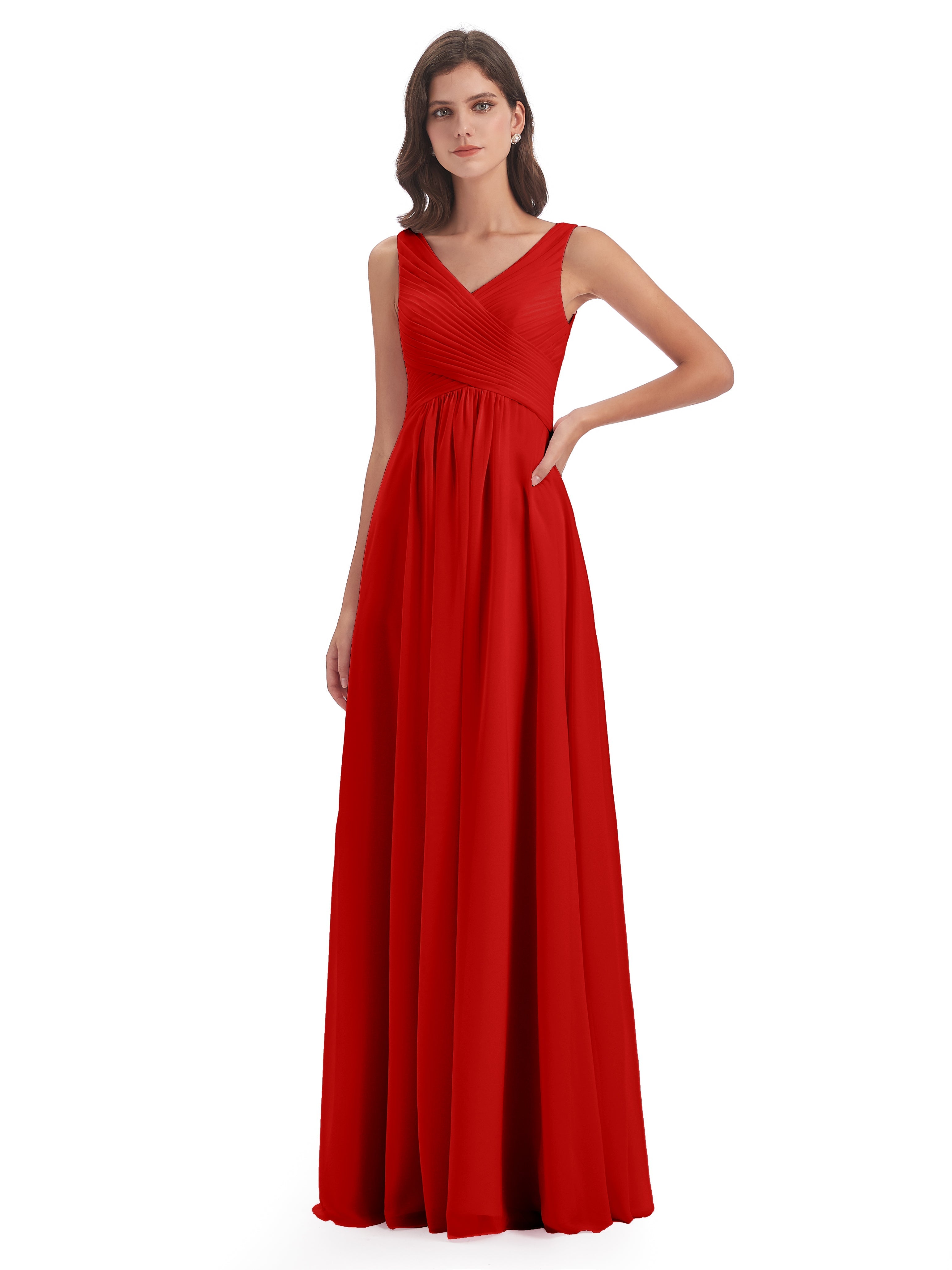 Demoiselle D Honneur Robe Rouge Col V Bretelle Mousseline Robes Demoiselle D'Honneur