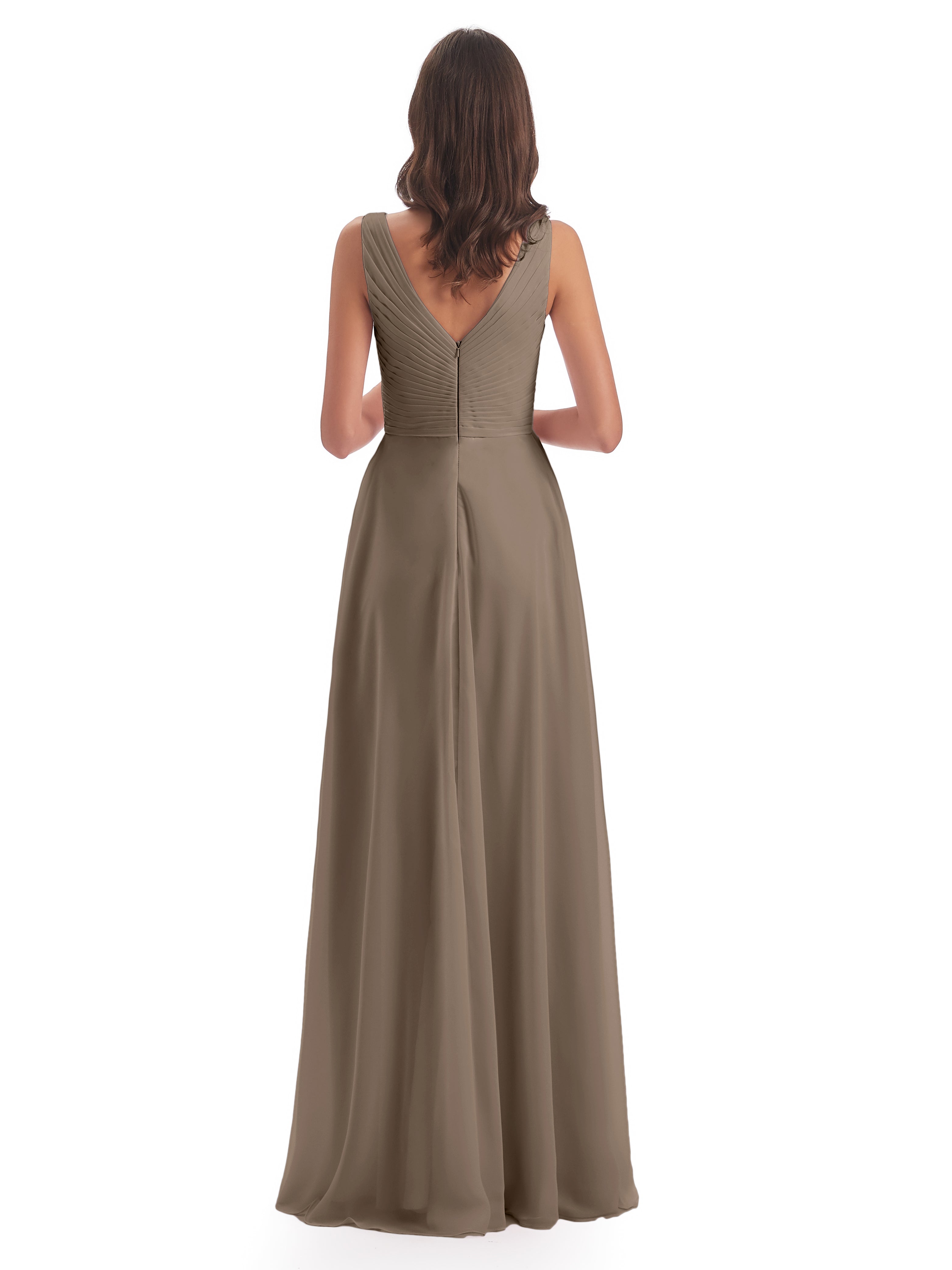 Robe De Couleur Taupe Col V Bretelle Mousseline Robes Demoiselle D'Honneur