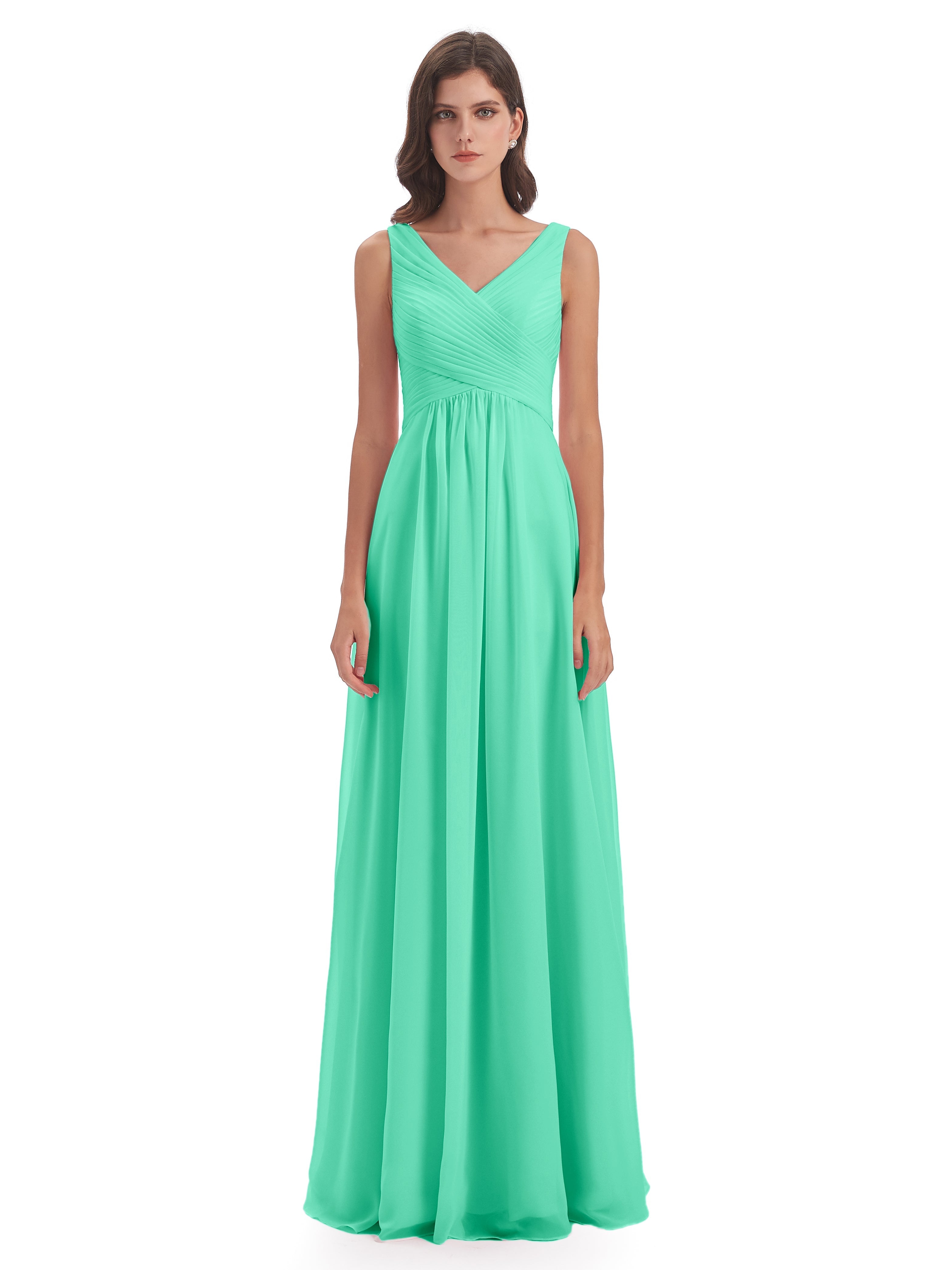 Robe Demoiselle D Honneur Bleu Turquoise Col V Bretelle Mousseline Robes Demoiselle D'Honneur