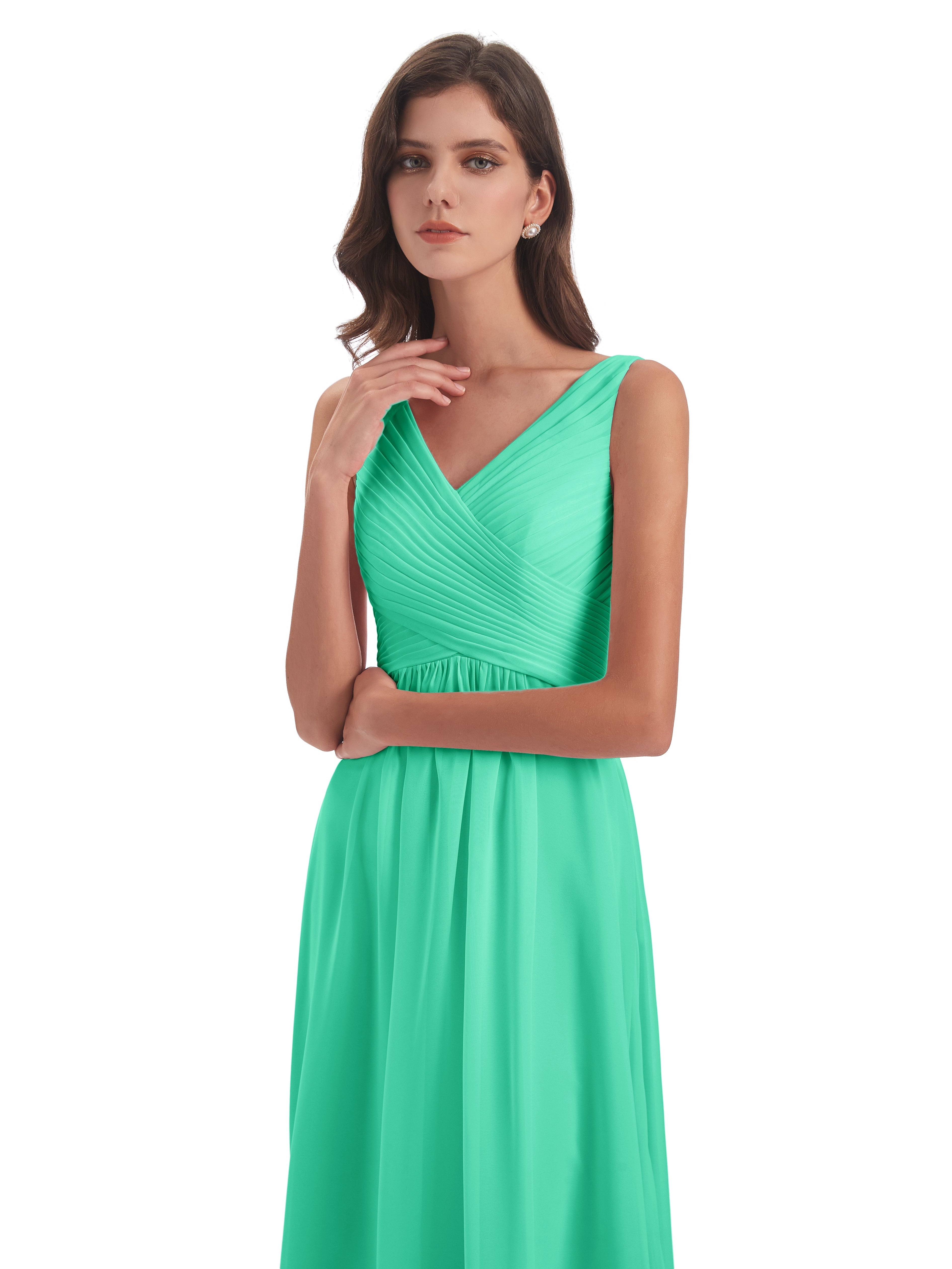 Robe Demoiselle D Honneur Bleu Turquoise Col V Bretelle Mousseline Robes Demoiselle D'Honneur