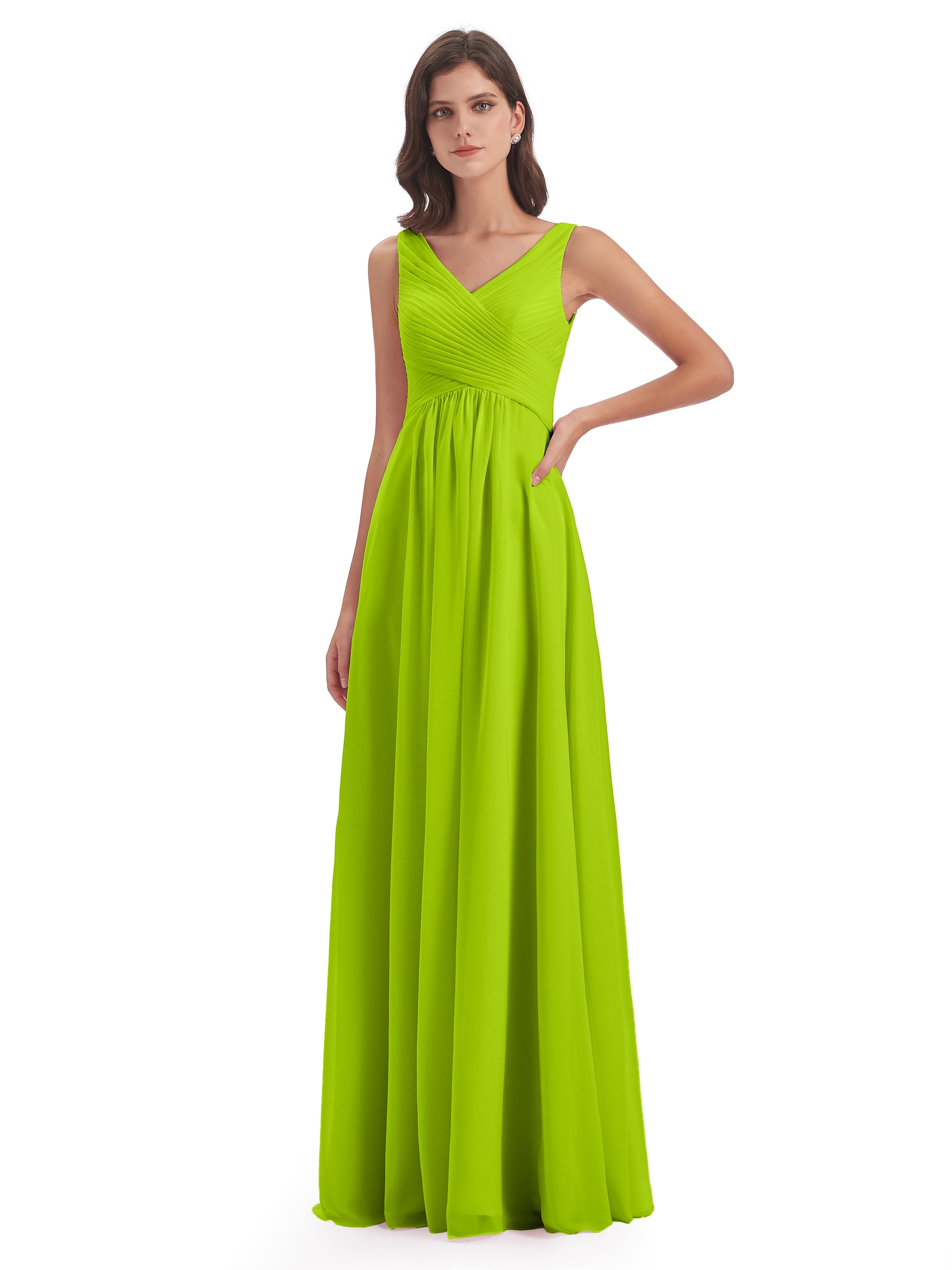Robes De Demoiselle D'Honneur Vert Citron Col V Bretelle Mousseline Robes Demoiselle D'Honneur