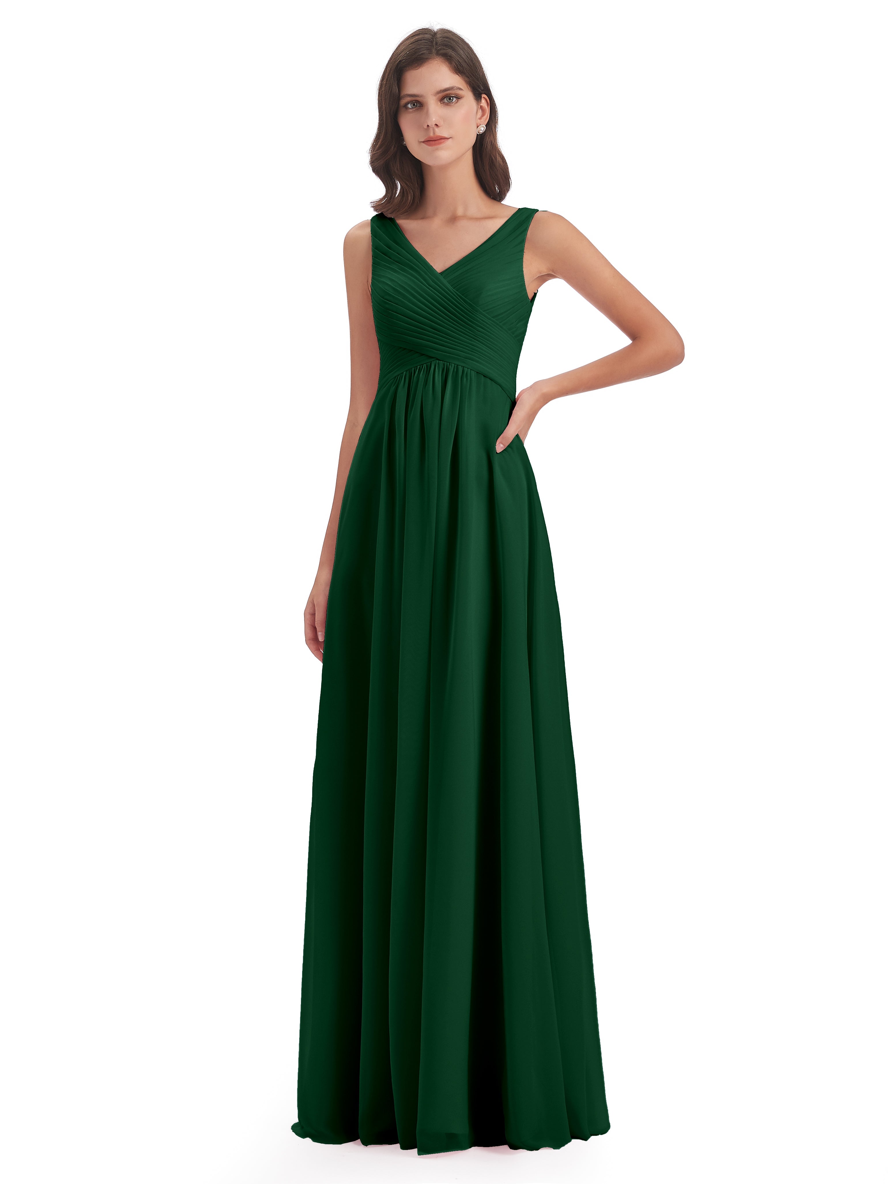 Robes De Demoiselle D'Honneur Vert Foncé Col V Bretelle Mousseline Robes Demoiselle D'Honneur