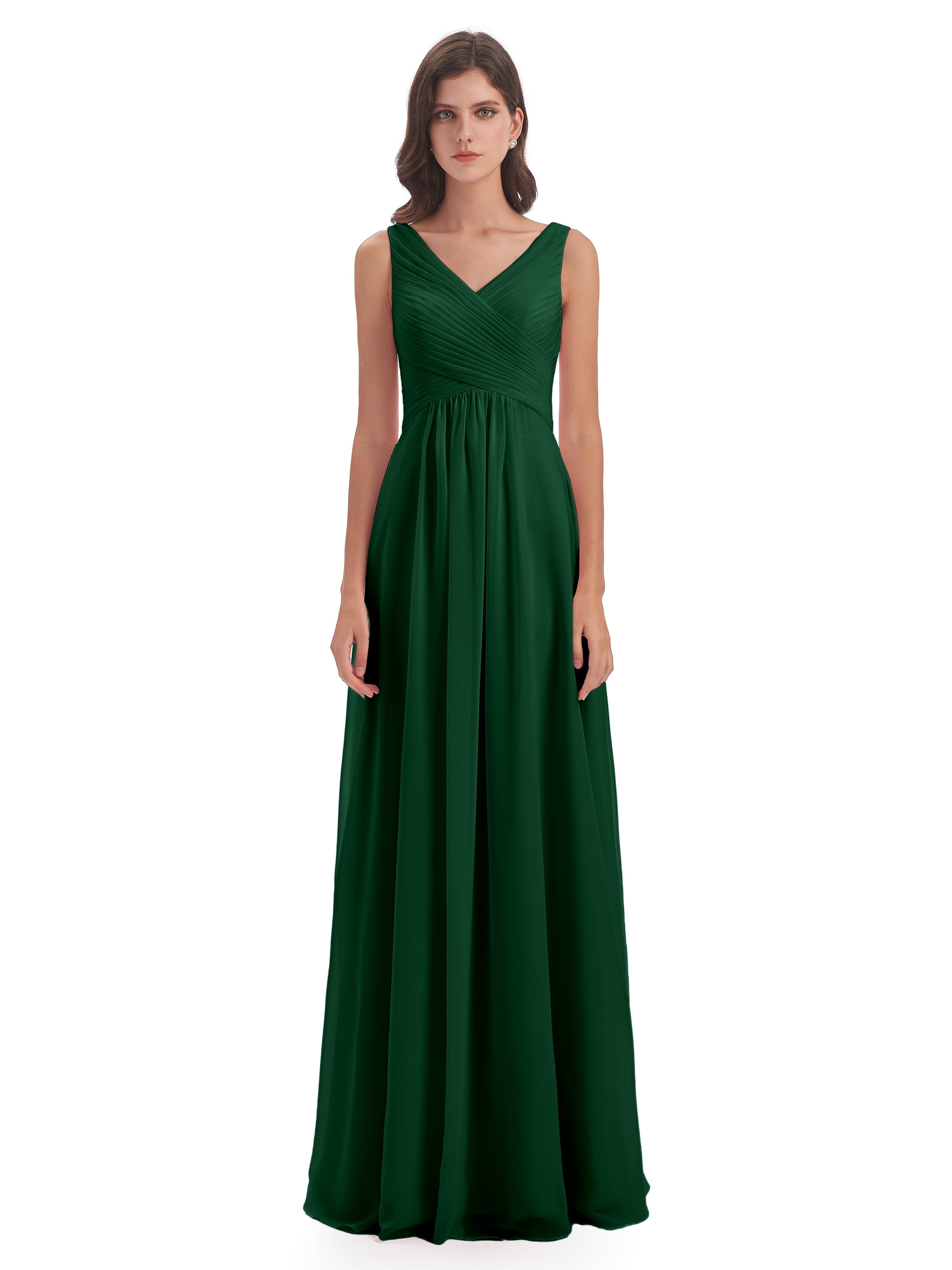 Robes De Demoiselle D'Honneur Vert Foncé Col V Bretelle Mousseline Robes Demoiselle D'Honneur