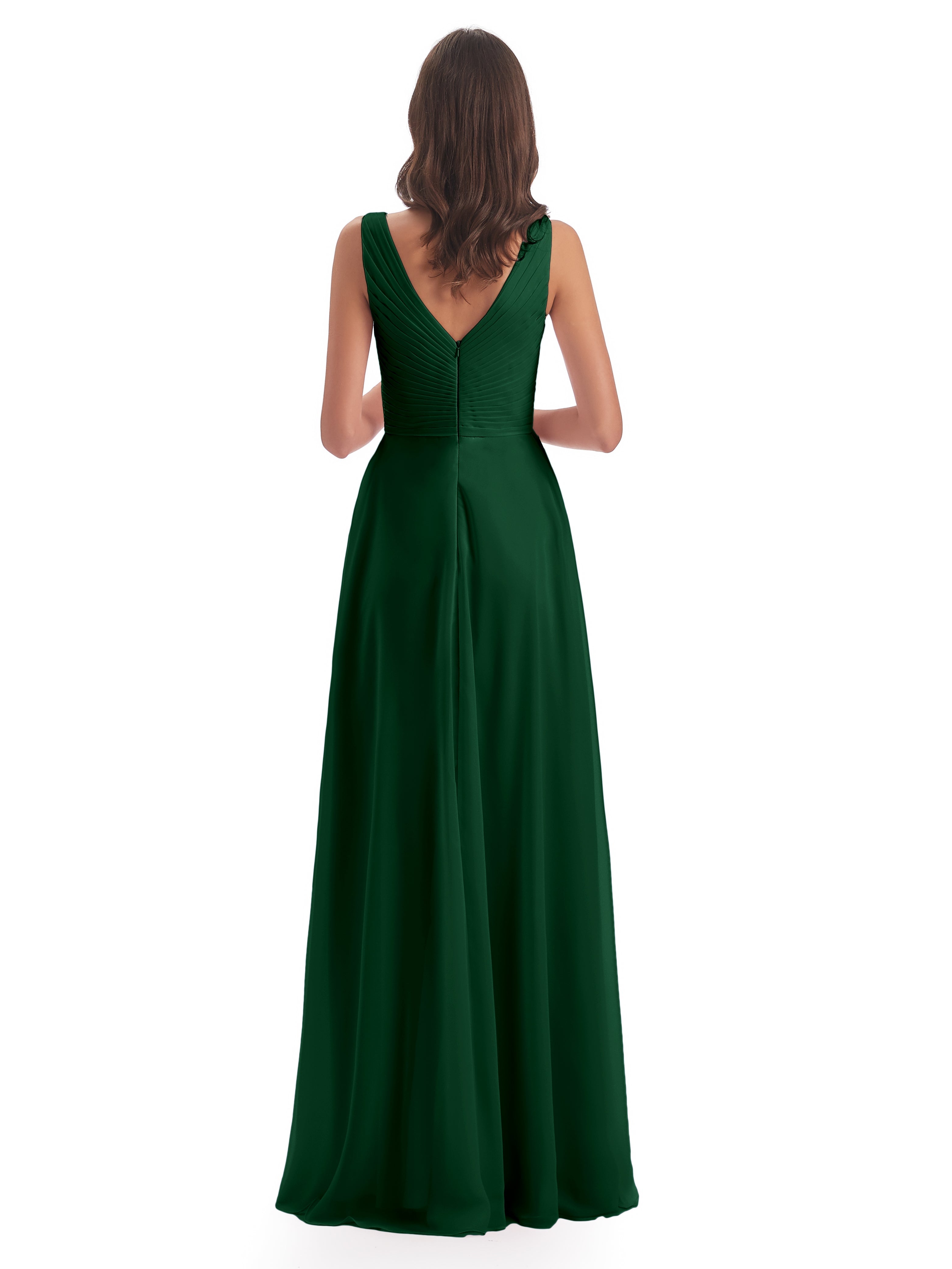 Robes De Demoiselle D'Honneur Vert Foncé Col V Bretelle Mousseline Robes Demoiselle D'Honneur