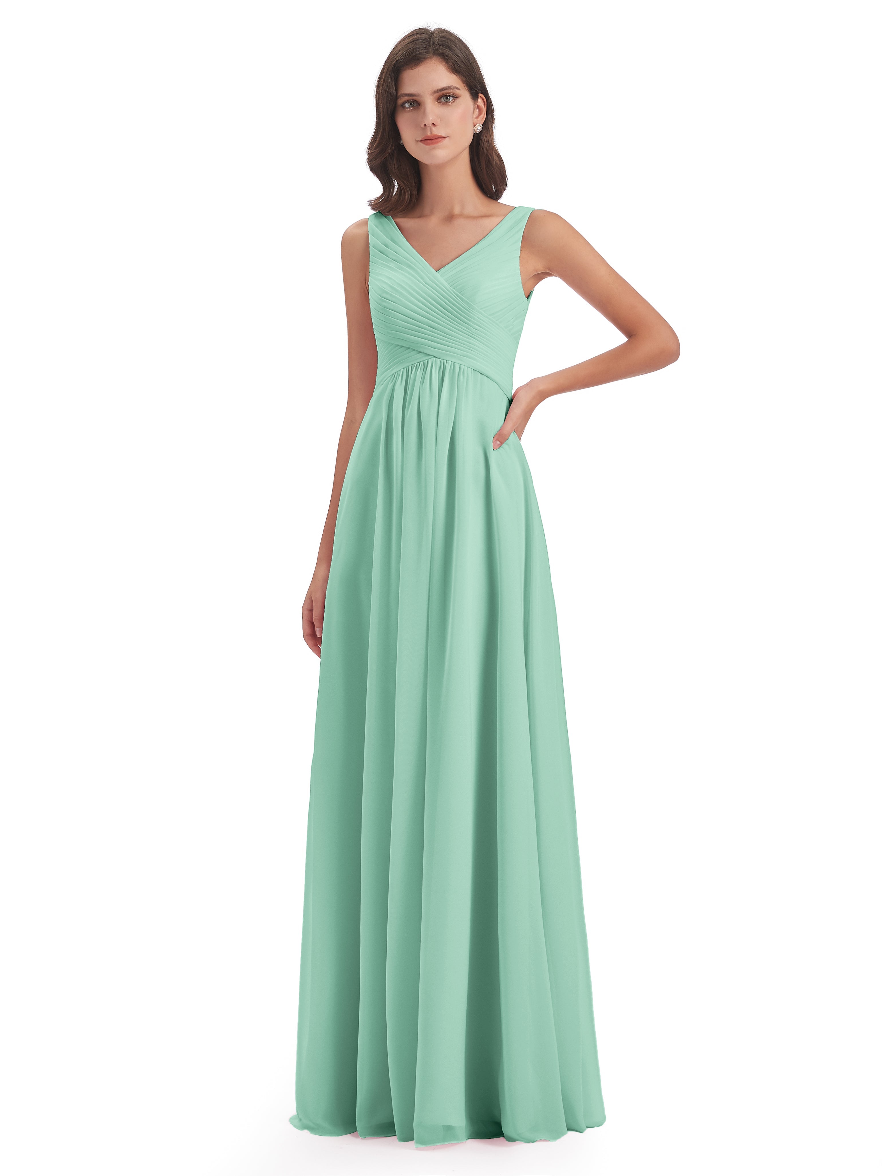 Robes De Demoiselle D'Honneur Vert Menthe Col V Bretelle Mousseline Robes Demoiselle D'Honneur