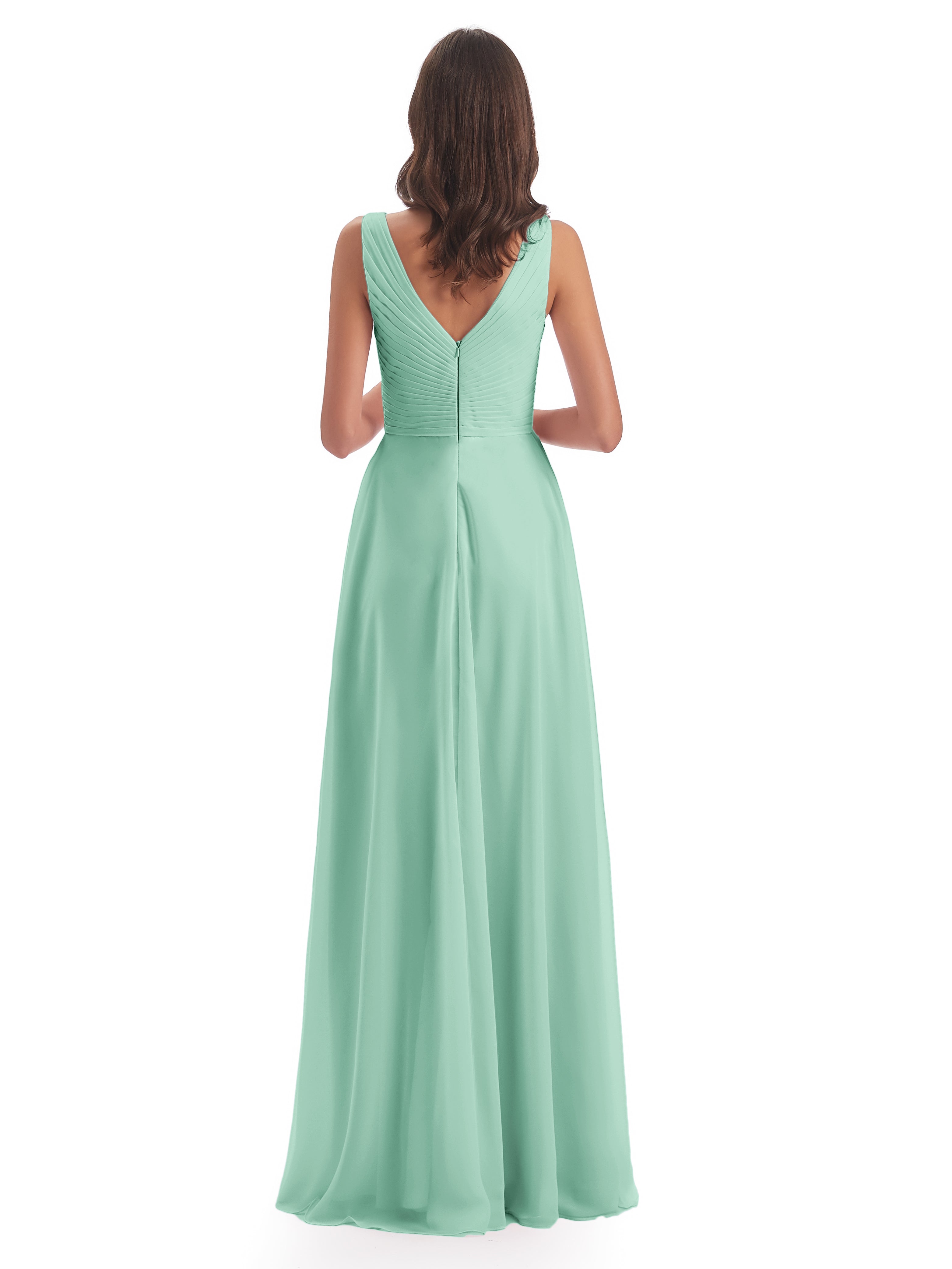 Robes De Demoiselle D'Honneur Vert Menthe Col V Bretelle Mousseline Robes Demoiselle D'Honneur