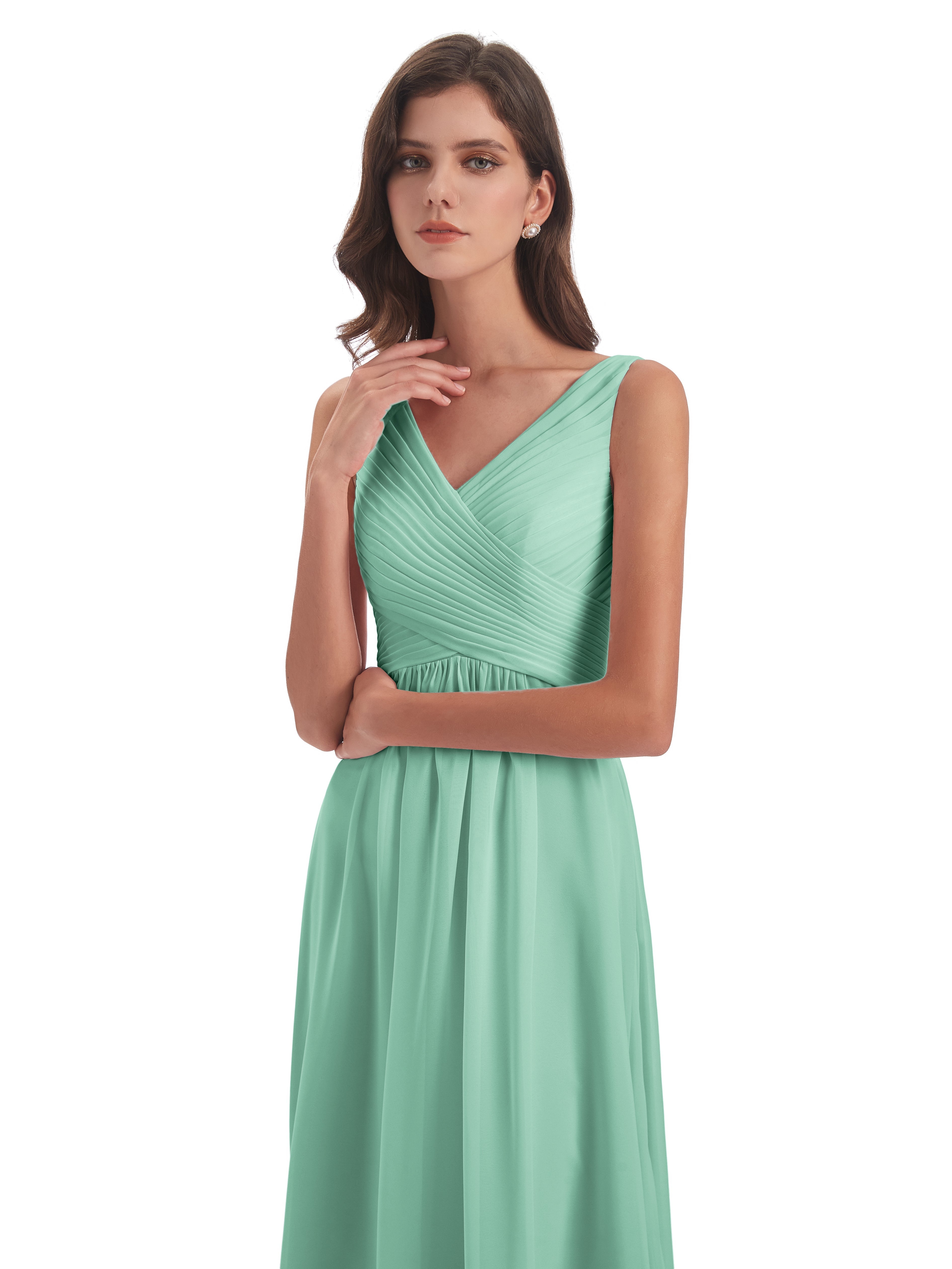 Robes De Demoiselle D'Honneur Vert Menthe Col V Bretelle Mousseline Robes Demoiselle D'Honneur