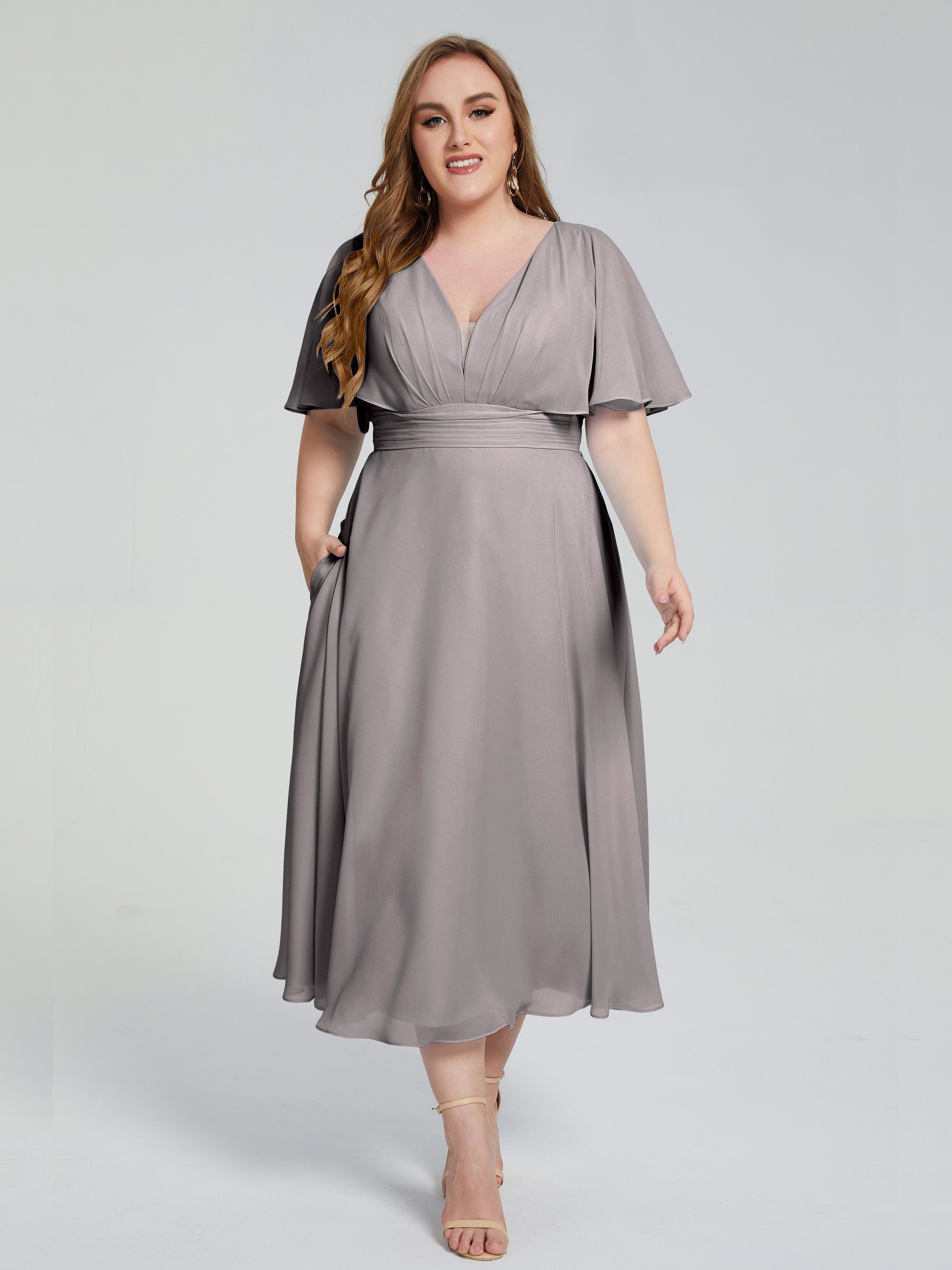 Robe Demoiselle D Honneur Argentée Dos Nu Longueur De Thé Mousseline Robes Demoiselle D'Honneur Grande Taille