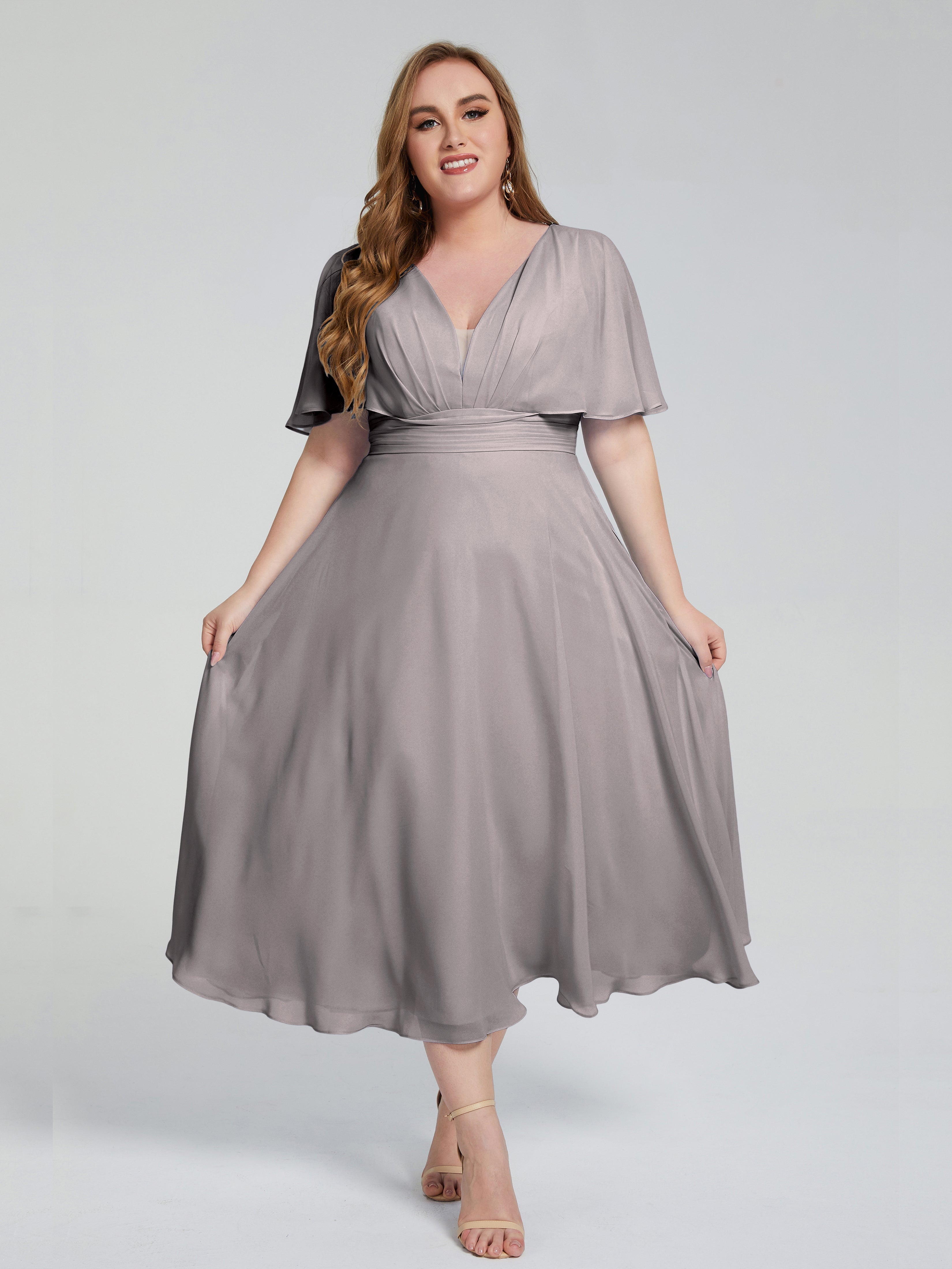 Robe Demoiselle D Honneur Argentée Dos Nu Longueur De Thé Mousseline Robes Demoiselle D'Honneur Grande Taille