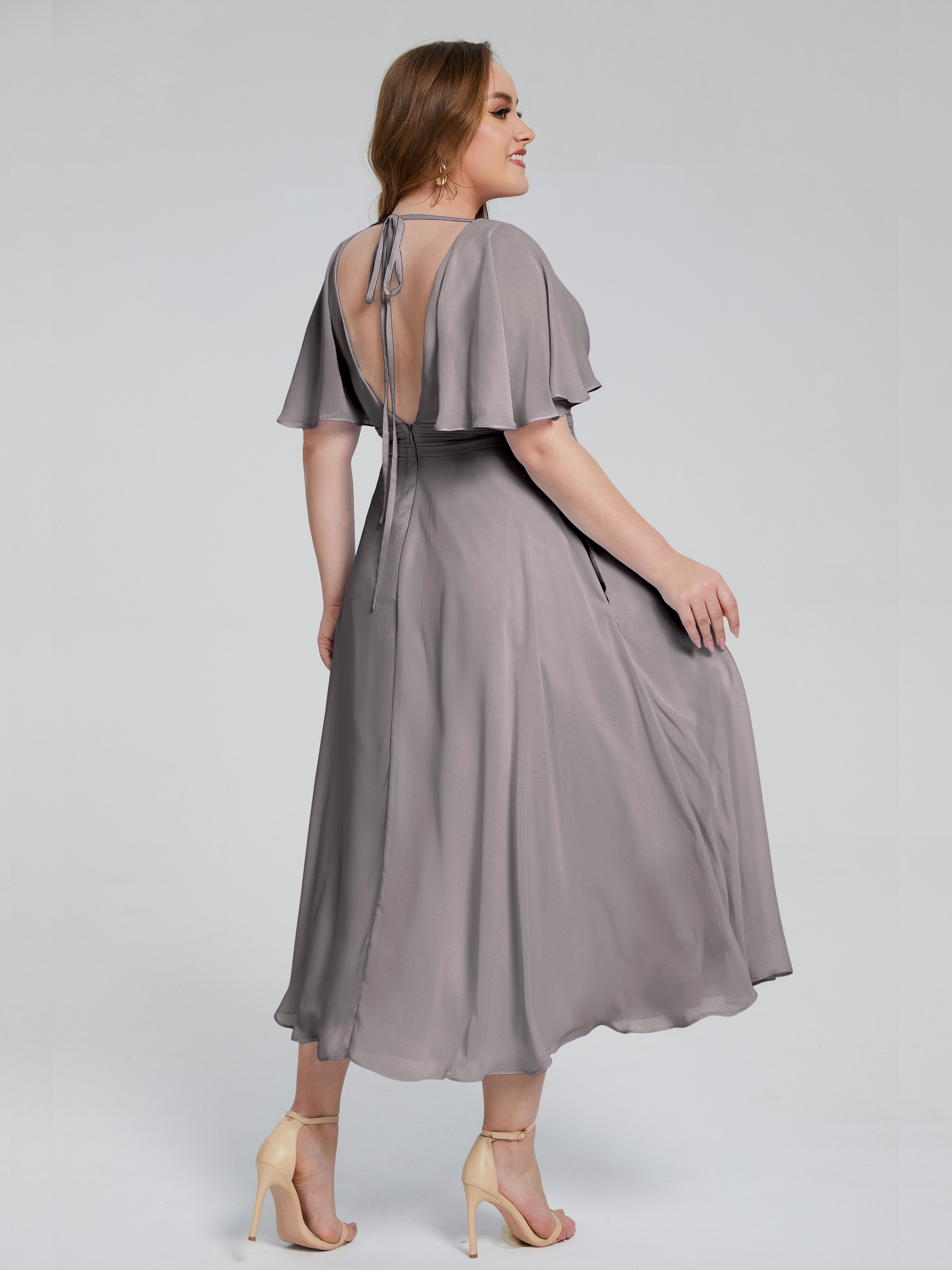 Robe Demoiselle D Honneur Argentée Dos Nu Longueur De Thé Mousseline Robes Demoiselle D'Honneur Grande Taille