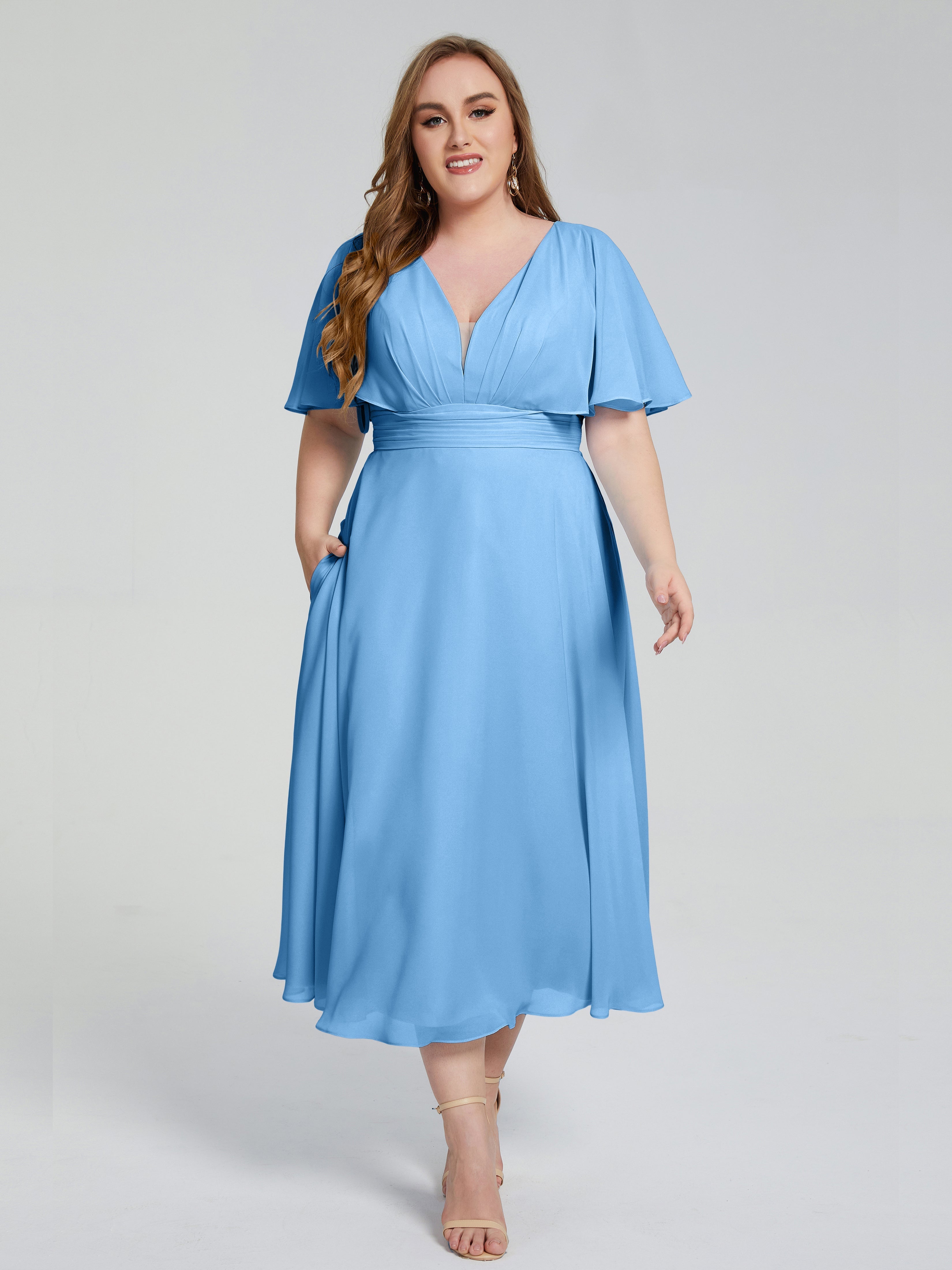 Robe Bleue Demoiselle D Honneur Dos Nu Longueur De Thé Mousseline Robes Demoiselle D'Honneur Grande Taille