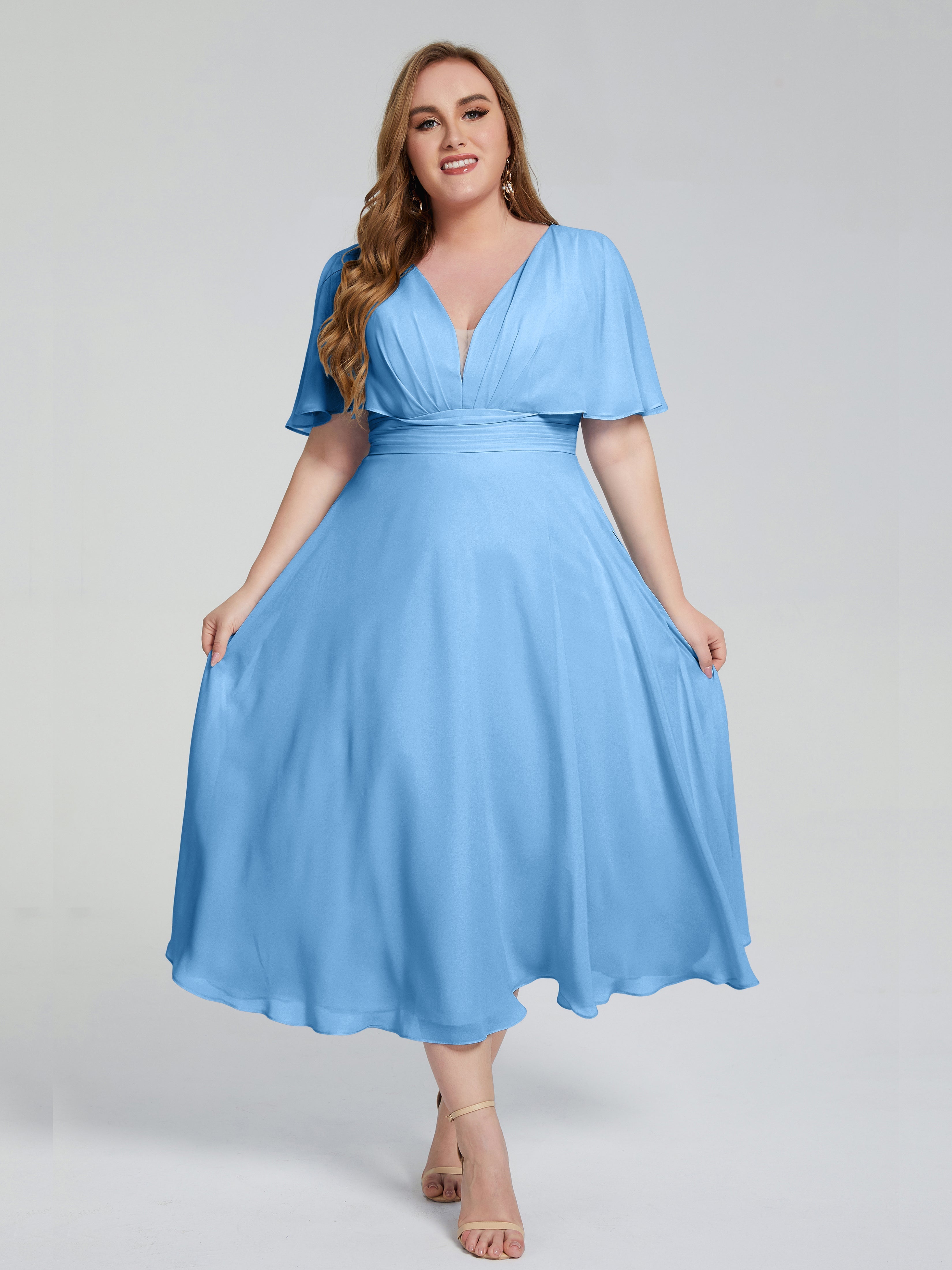 Robe Bleue Demoiselle D Honneur Dos Nu Longueur De Thé Mousseline Robes Demoiselle D'Honneur Grande Taille