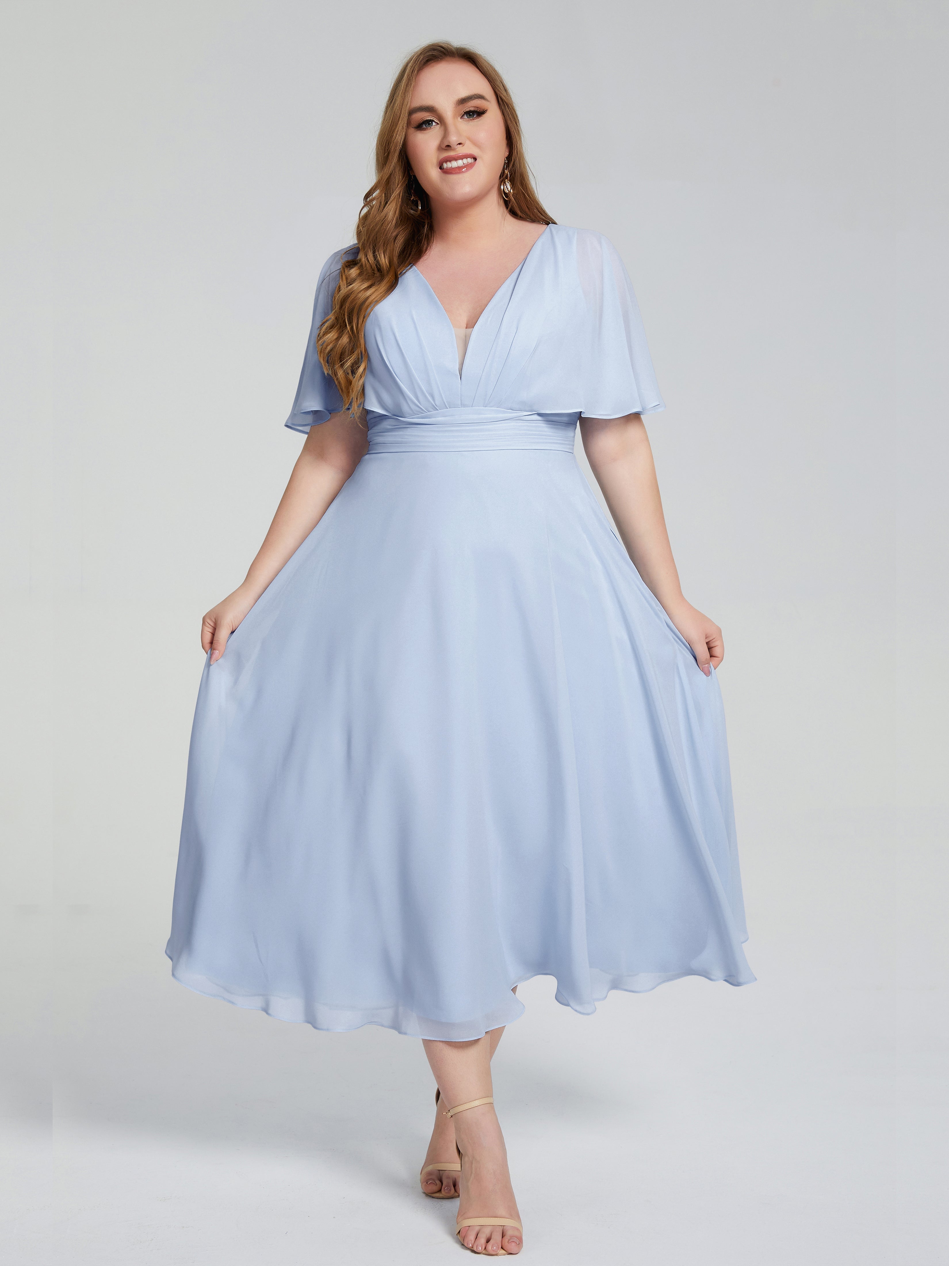 Robe Demoiselle D Honneur Bleu Ciel Dos Nu Longueur De Thé Mousseline Robes Demoiselle D'Honneur Grande Taille