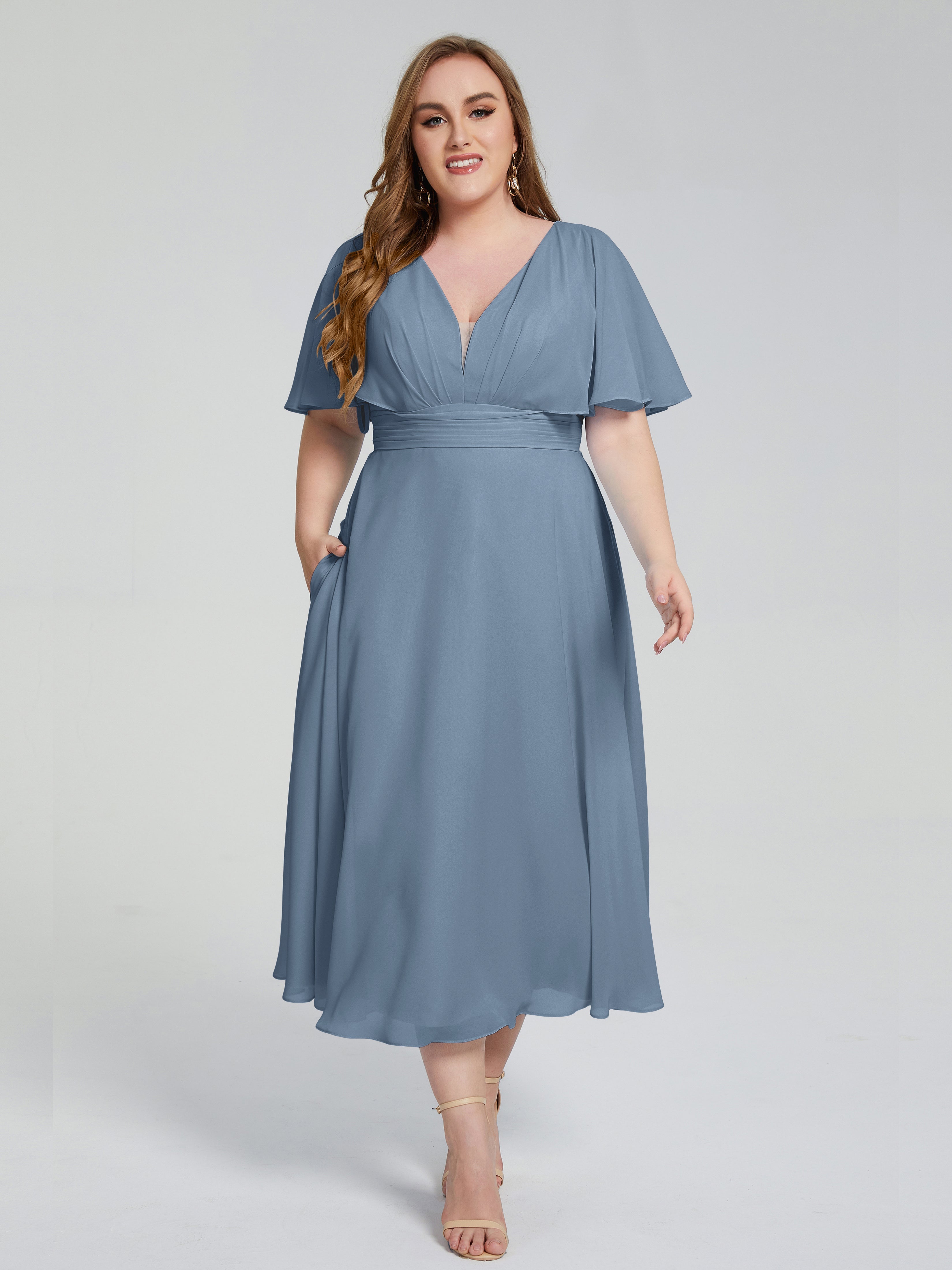Robes De Demoiselle D'Honneur Bleu De Schiste Dos Nu Longueur De Thé Mousseline Robes Demoiselle D'Honneur Grande Taille