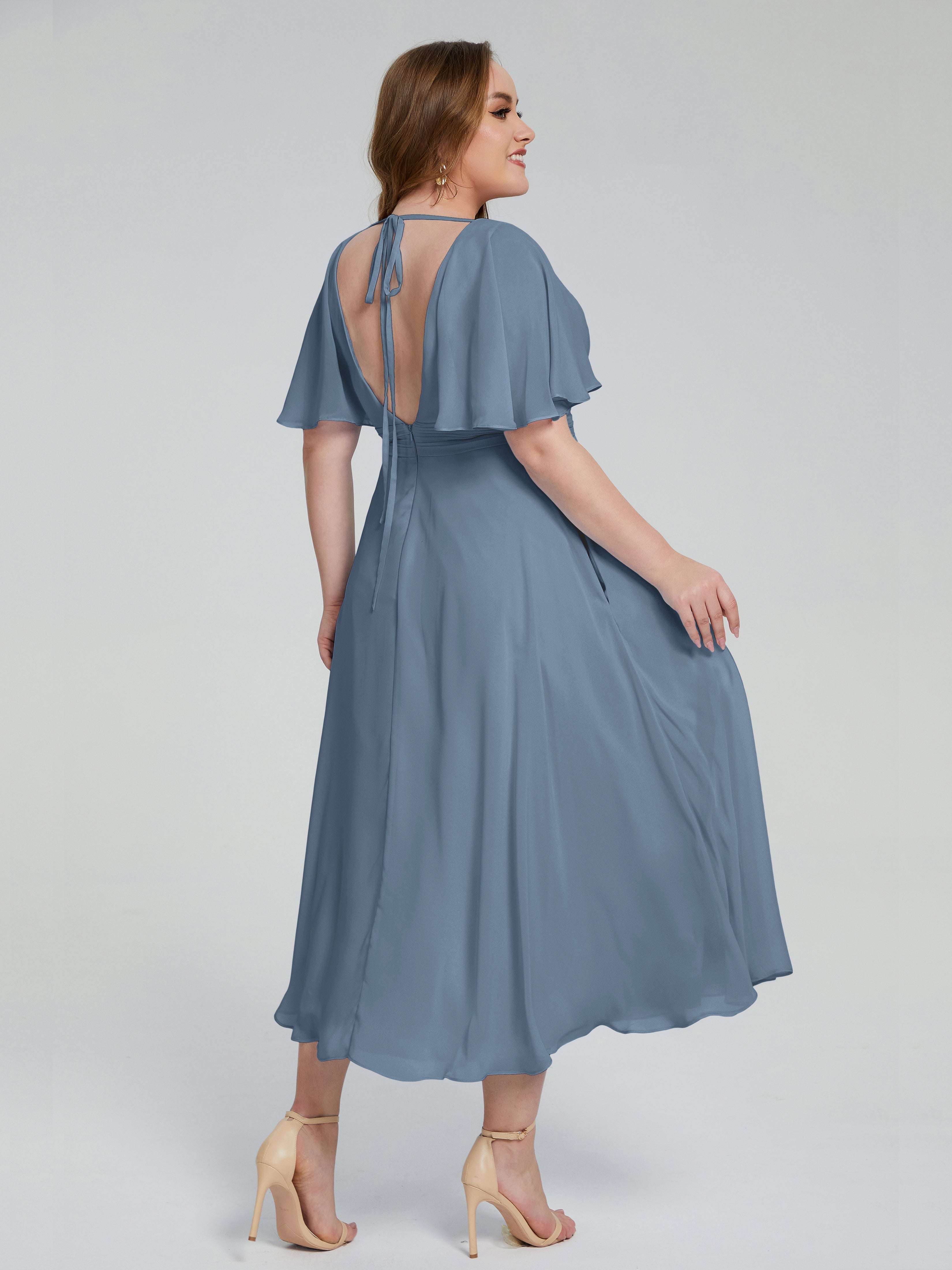 Robes De Demoiselle D'Honneur Bleu De Schiste Dos Nu Longueur De Thé Mousseline Robes Demoiselle D'Honneur Grande Taille