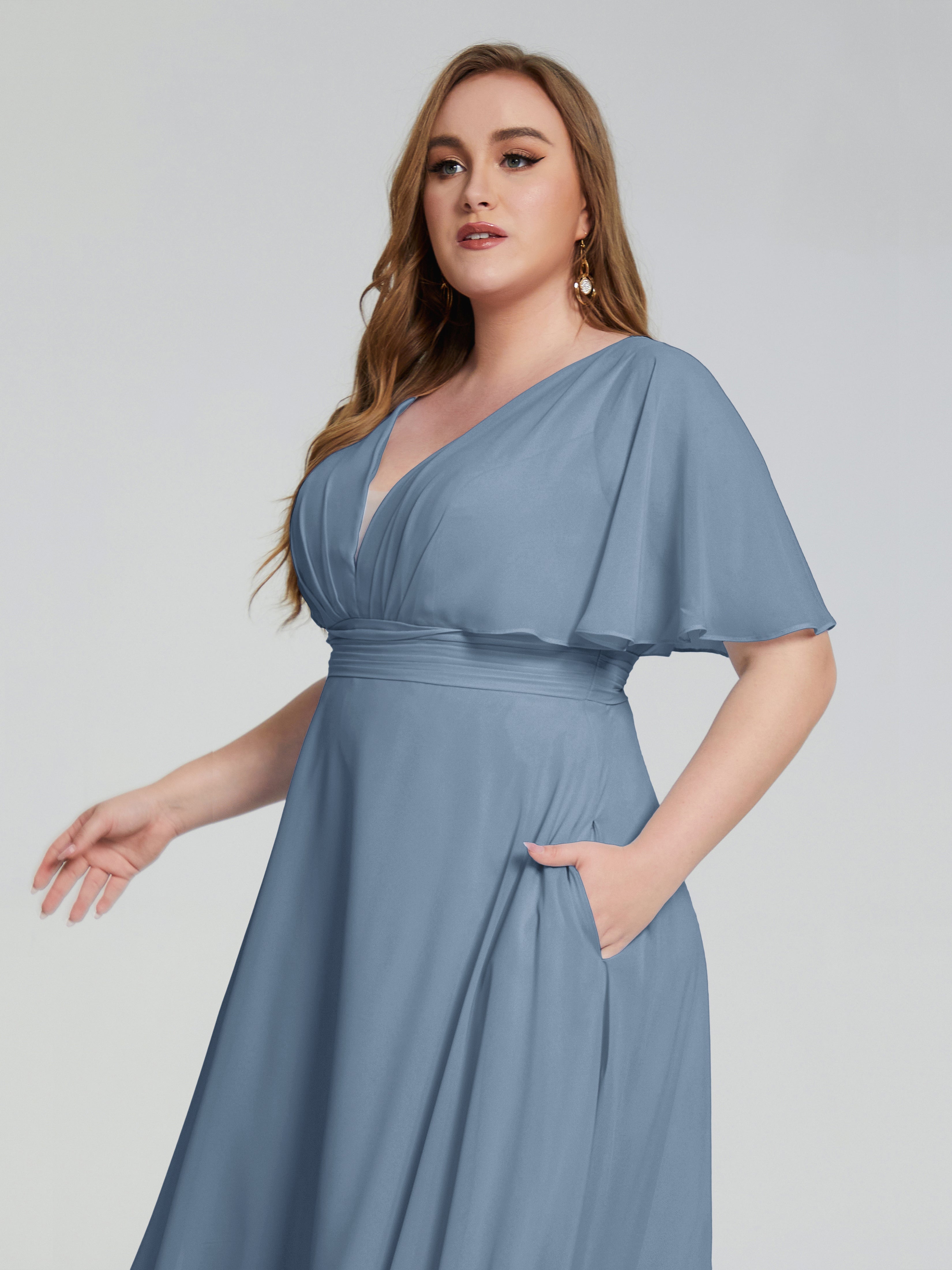 Robes De Demoiselle D'Honneur Bleu De Schiste Dos Nu Longueur De Thé Mousseline Robes Demoiselle D'Honneur Grande Taille
