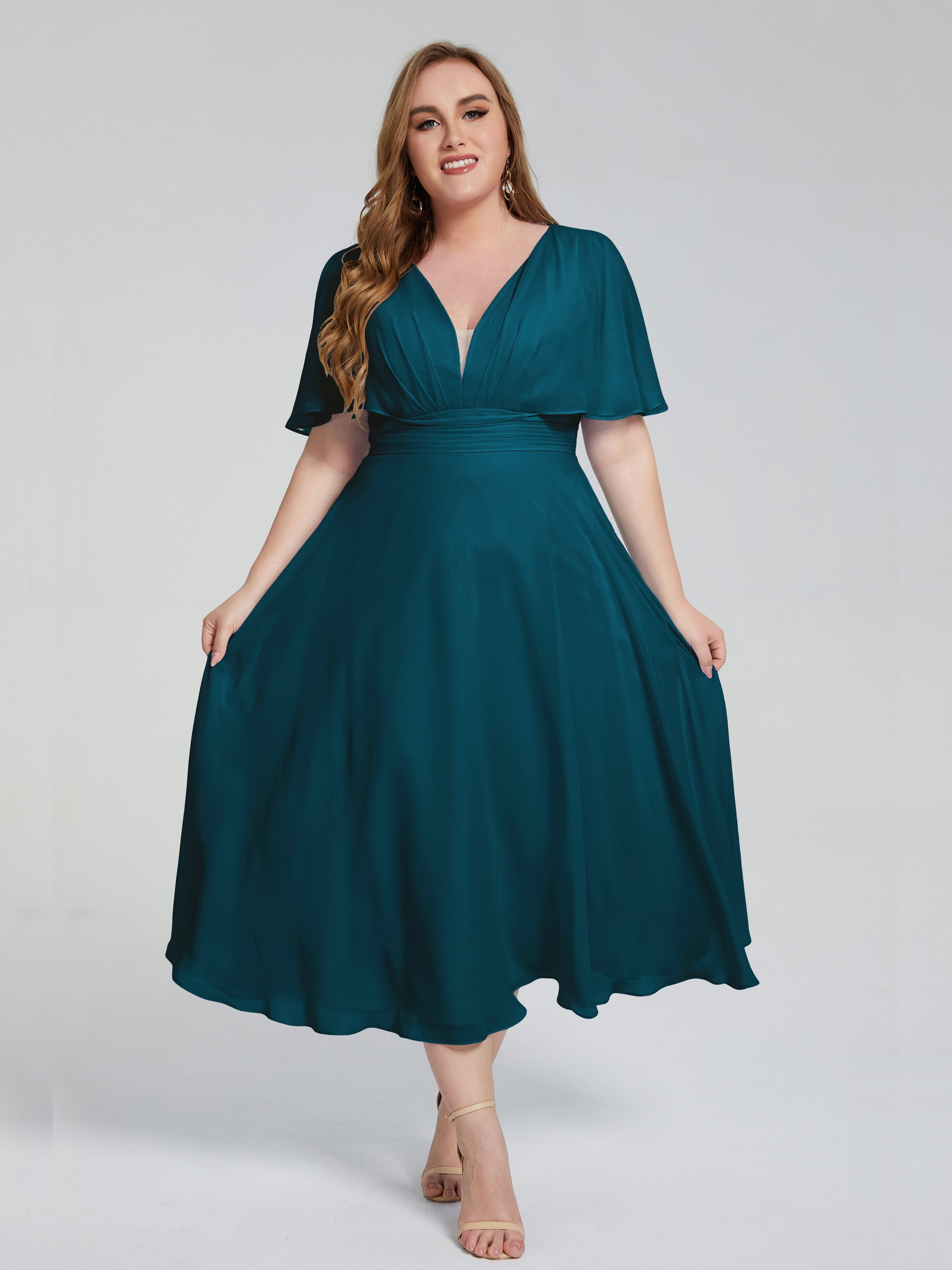 Robe De Demoiselle D'Honneur Bleu Encre Dos Nu Longueur De Thé Mousseline Robes Demoiselle D'Honneur Grande Taille