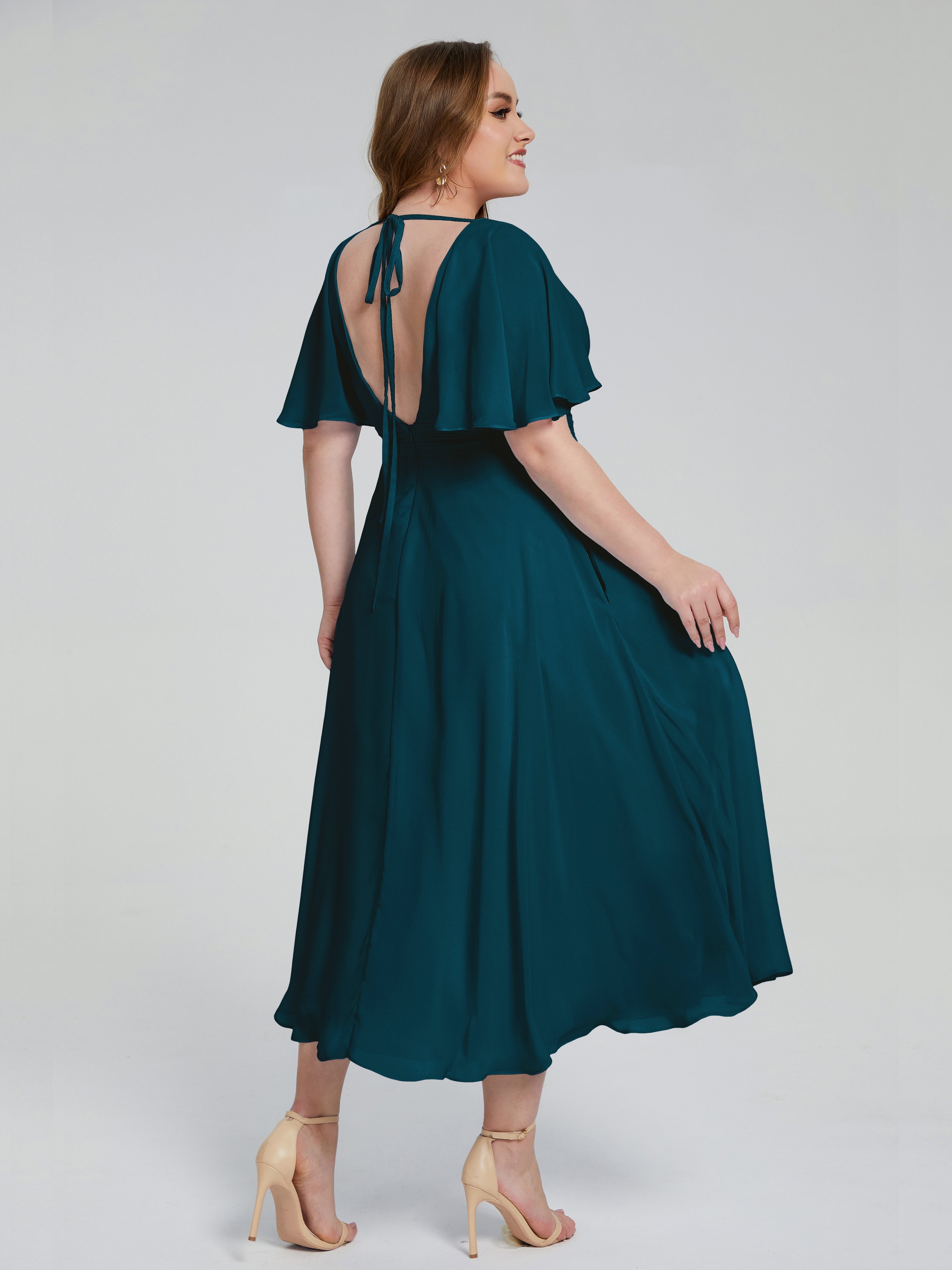 Robe De Demoiselle D'Honneur Bleu Encre Dos Nu Longueur De Thé Mousseline Robes Demoiselle D'Honneur Grande Taille