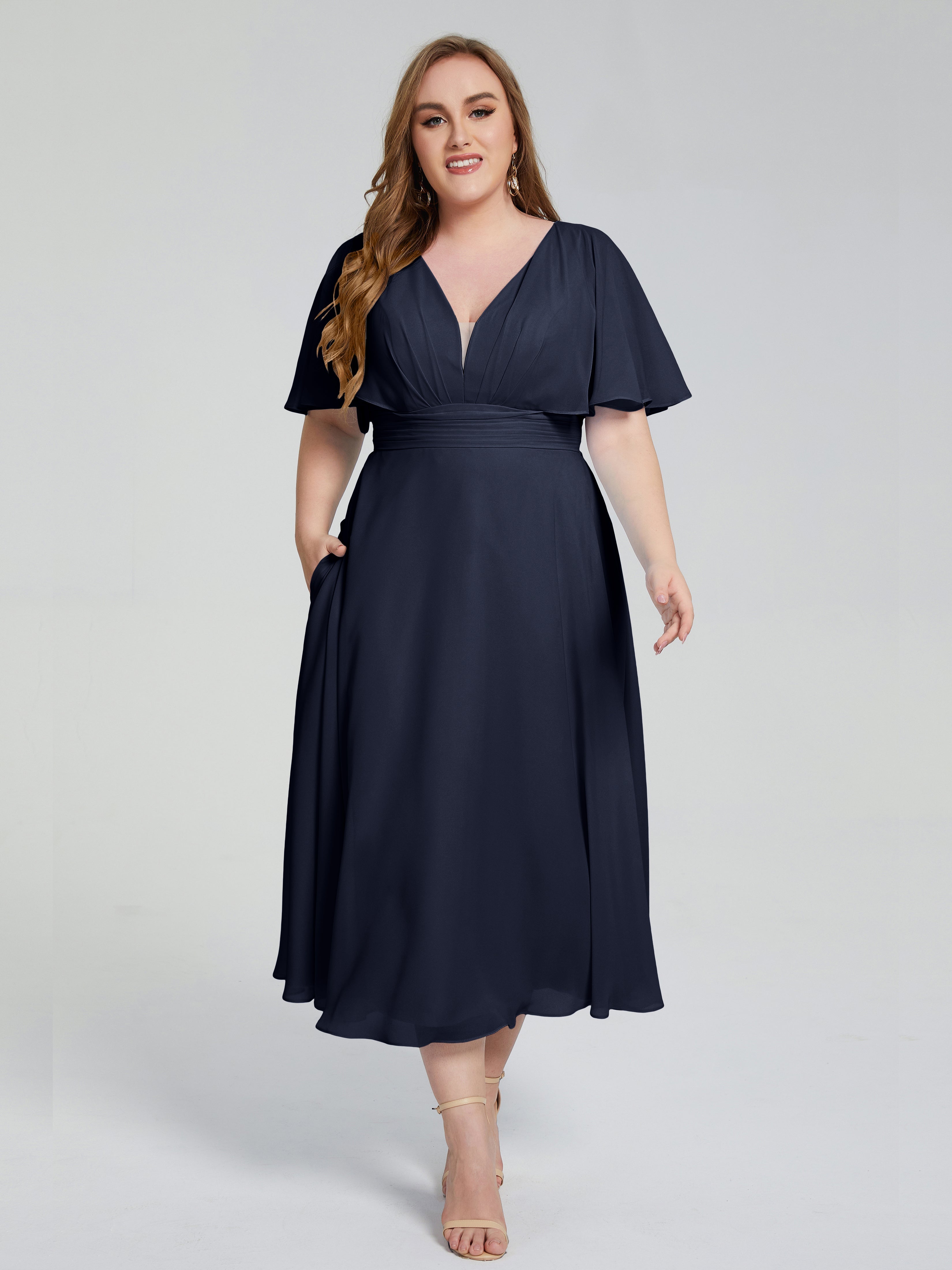 Robes De Demoiselle D'Honneur Bleu Marine Foncé Dos Nu Longueur De Thé Mousseline Robes Demoiselle D'Honneur Grande Taille
