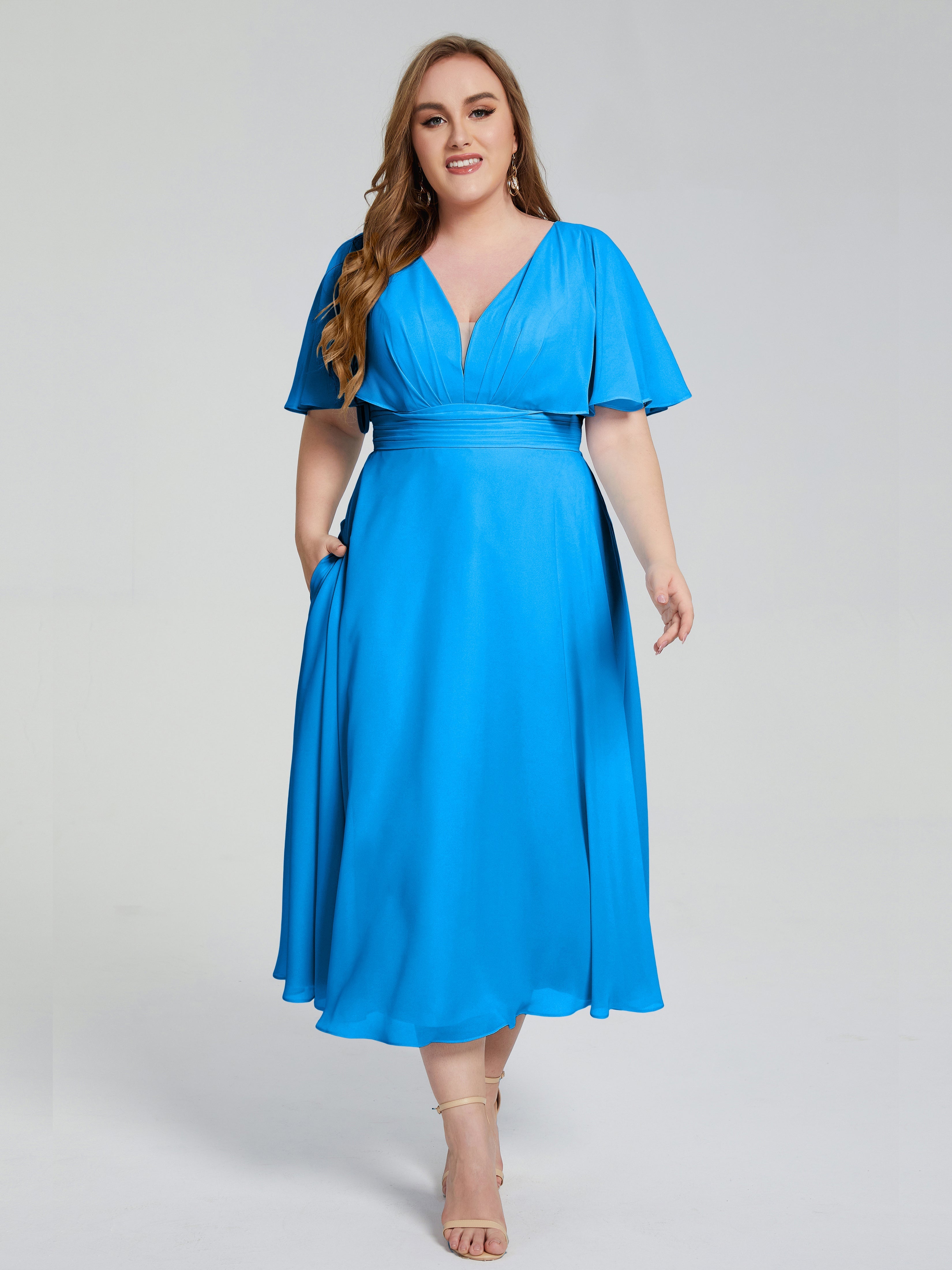 Robes De Demoiselle D'Honneur Bleu Océan Dos Nu Longueur De Thé Mousseline Robes Demoiselle D'Honneur Grande Taille