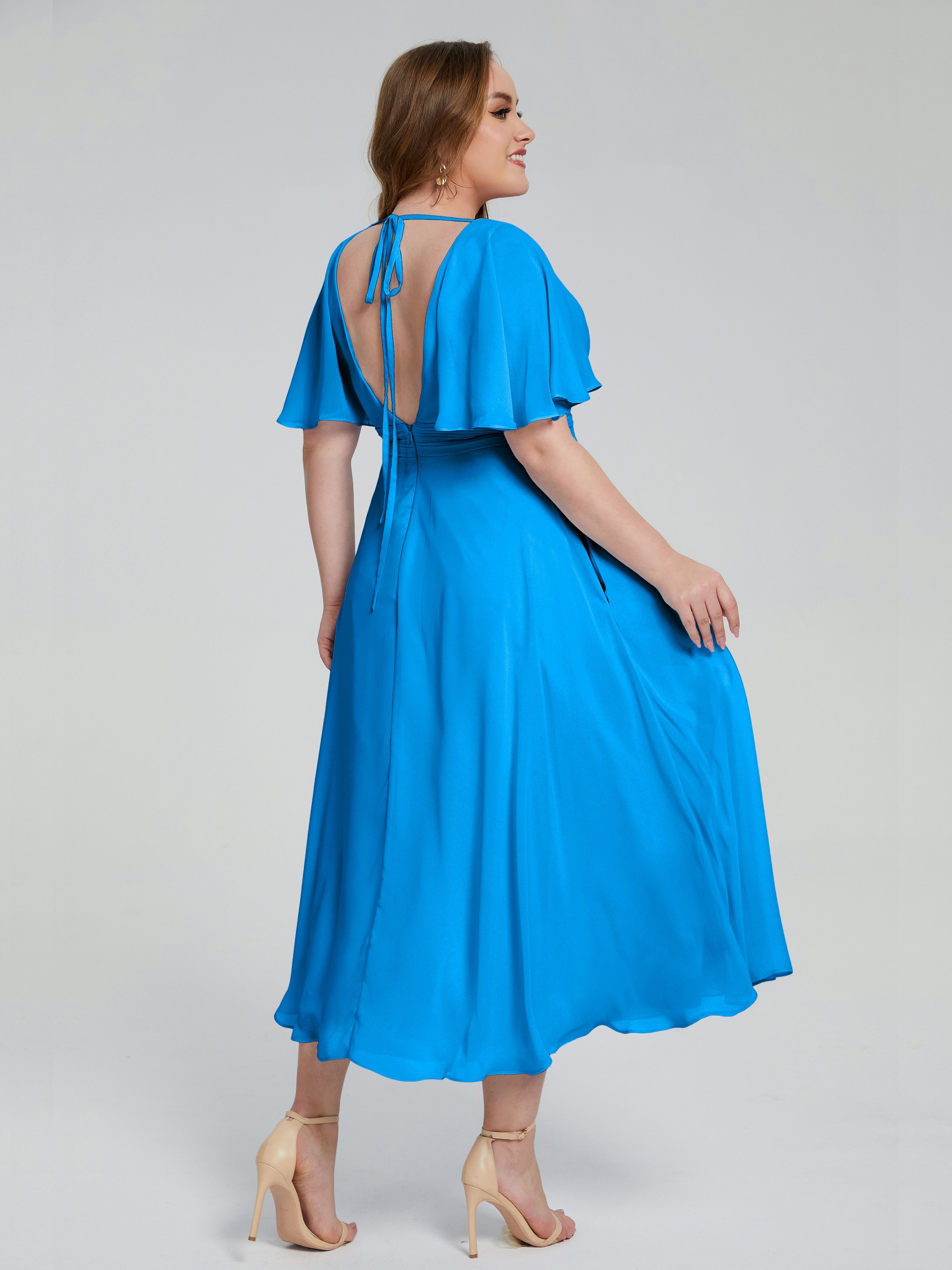 Robes De Demoiselle D'Honneur Bleu Océan Dos Nu Longueur De Thé Mousseline Robes Demoiselle D'Honneur Grande Taille