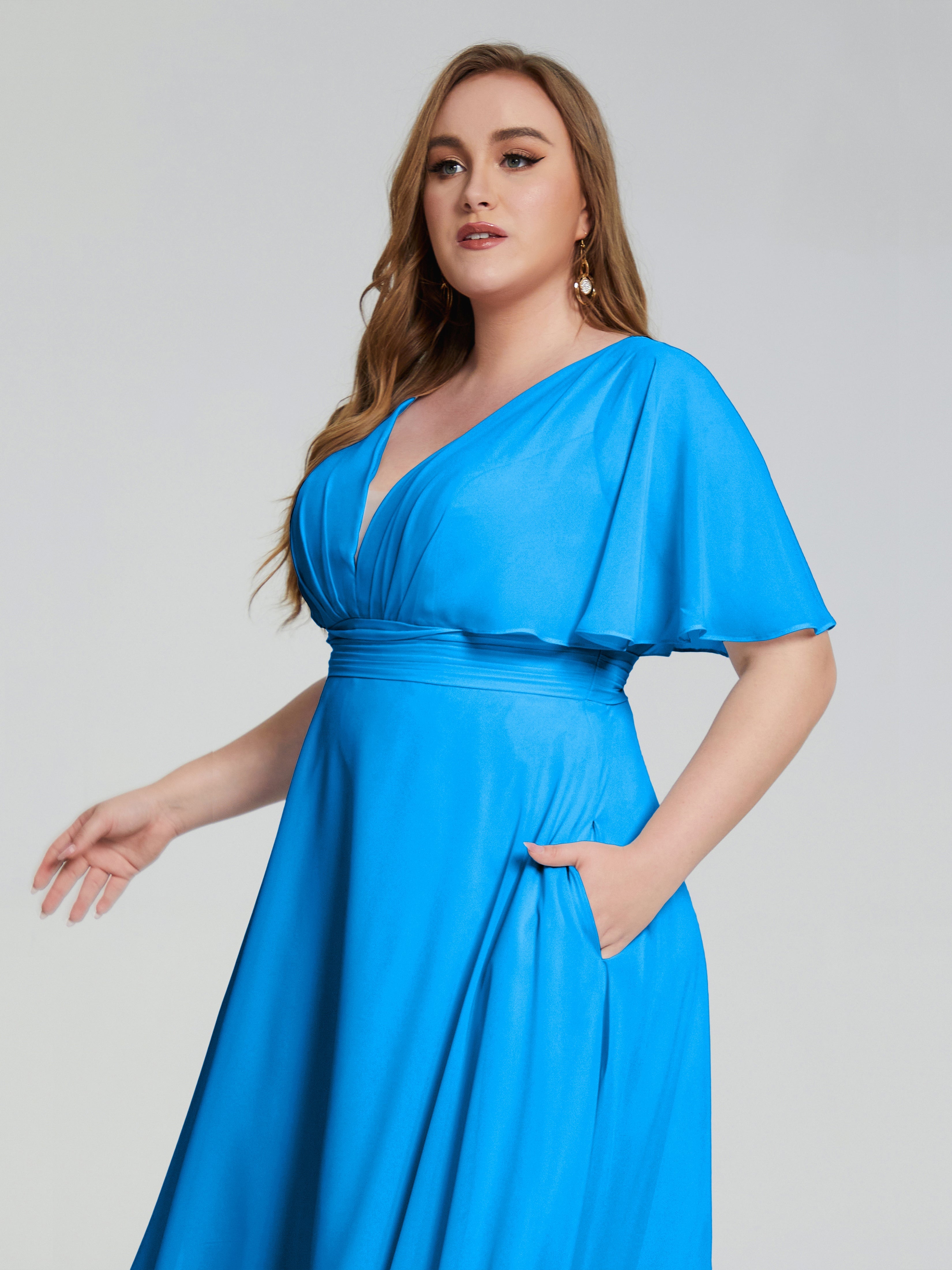 Robes De Demoiselle D'Honneur Bleu Océan Dos Nu Longueur De Thé Mousseline Robes Demoiselle D'Honneur Grande Taille