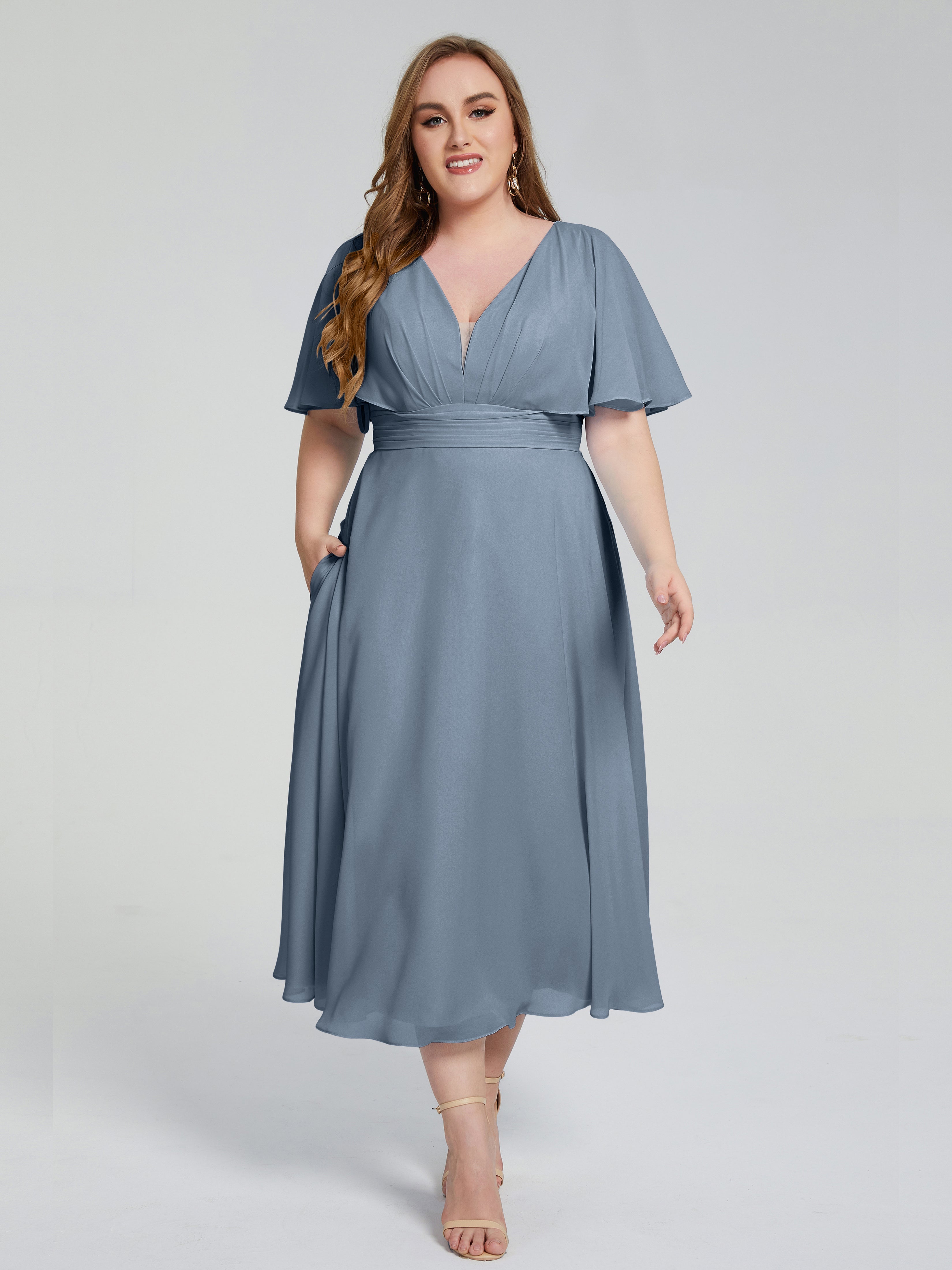 Robes De Demoiselle D'Honneur Bleu Gris Dos Nu Longueur De Thé Mousseline Robes Demoiselle D'Honneur Grande Taille