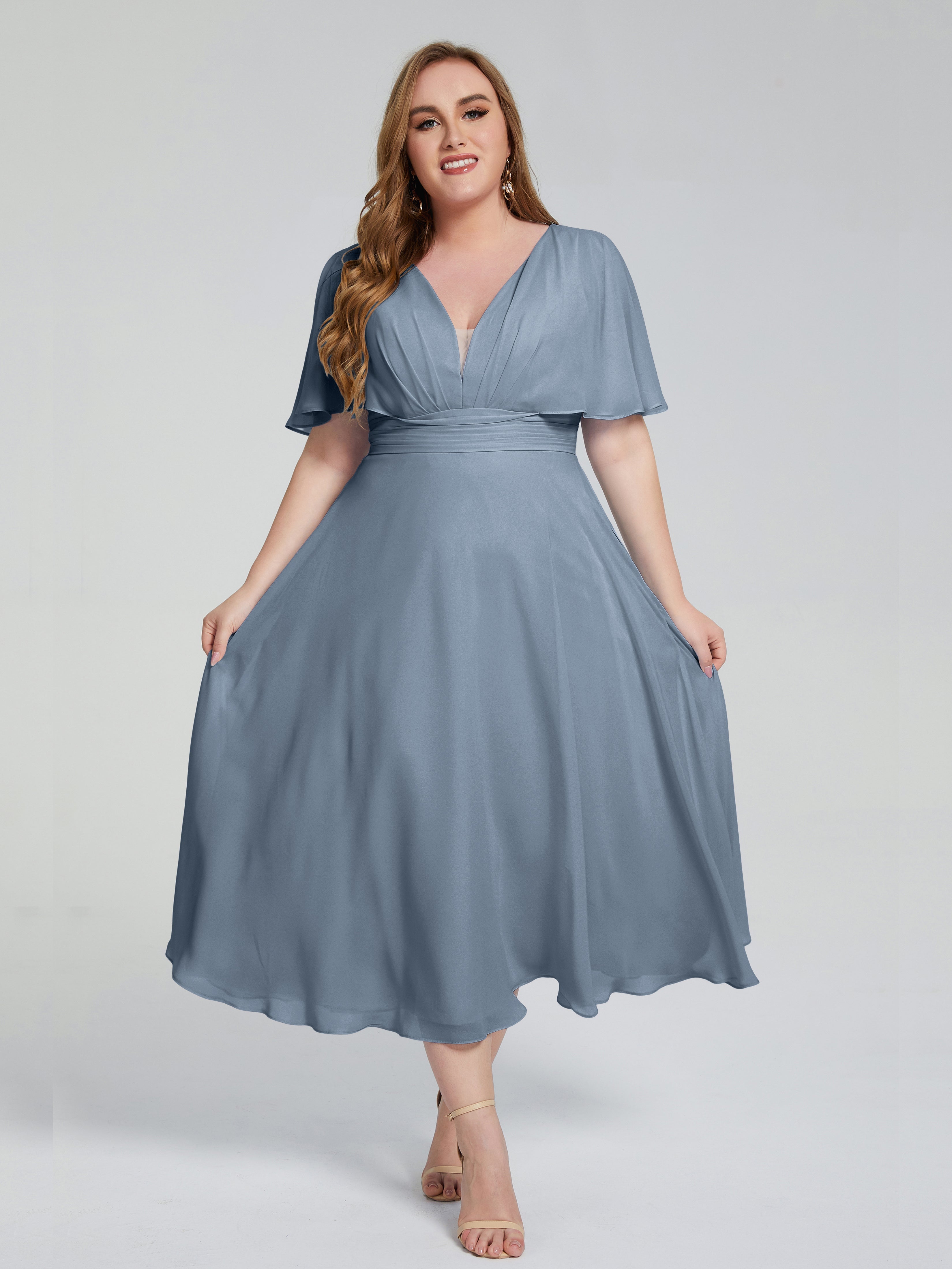 Robes De Demoiselle D'Honneur Bleu Gris Dos Nu Longueur De Thé Mousseline Robes Demoiselle D'Honneur Grande Taille